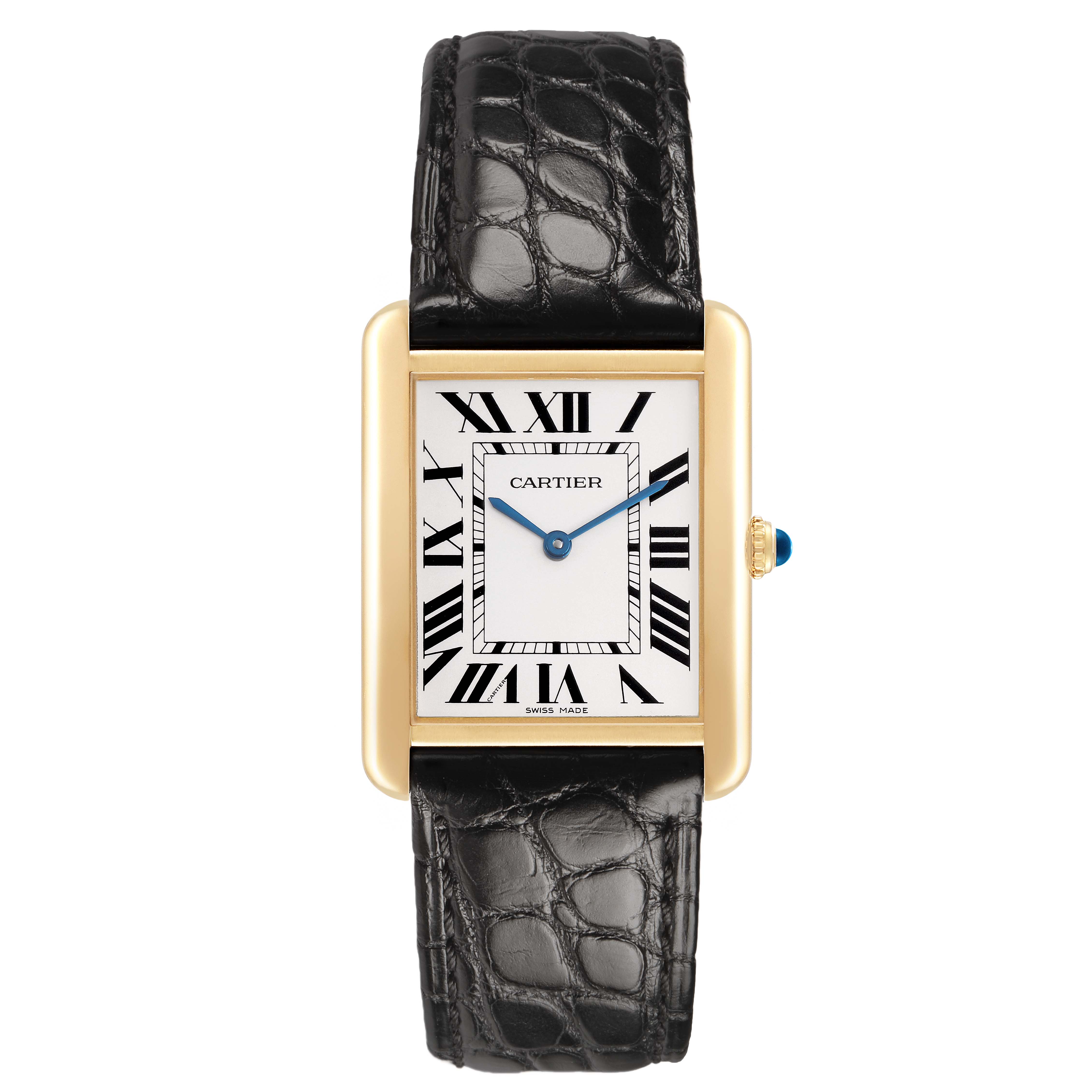 The Cartier Tank Solo W1018855 Men's Steel and Gold (two tone) Silver Dial watch is shown from the front, displaying the face, Roman numerals, hands, case, and leather strap.