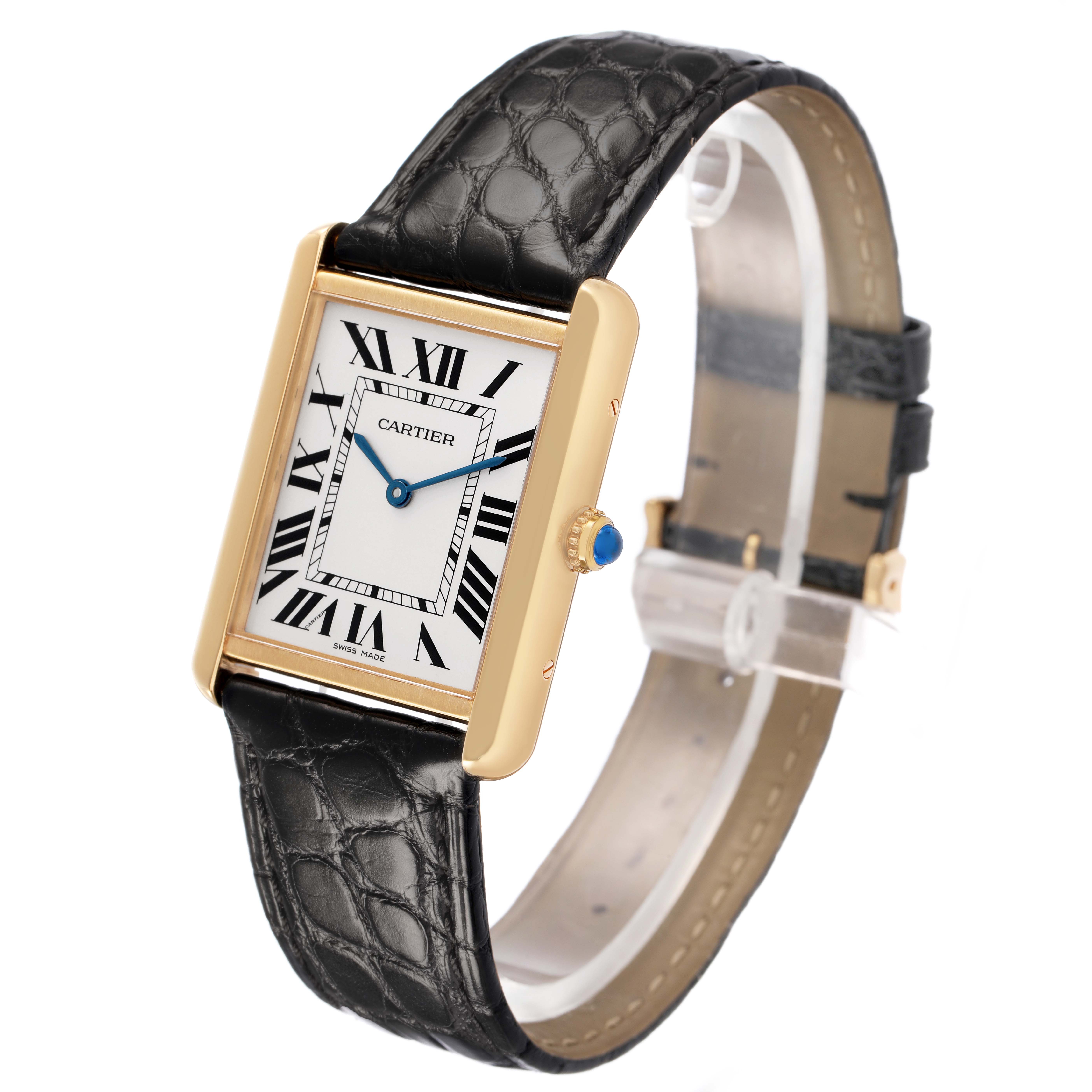 The Cartier Tank Solo W1018855 Men's Steel and Gold (two tone) Silver Dial watch is shown at a three-quarter angle, highlighting the dial, gold case, crown, and leather strap.