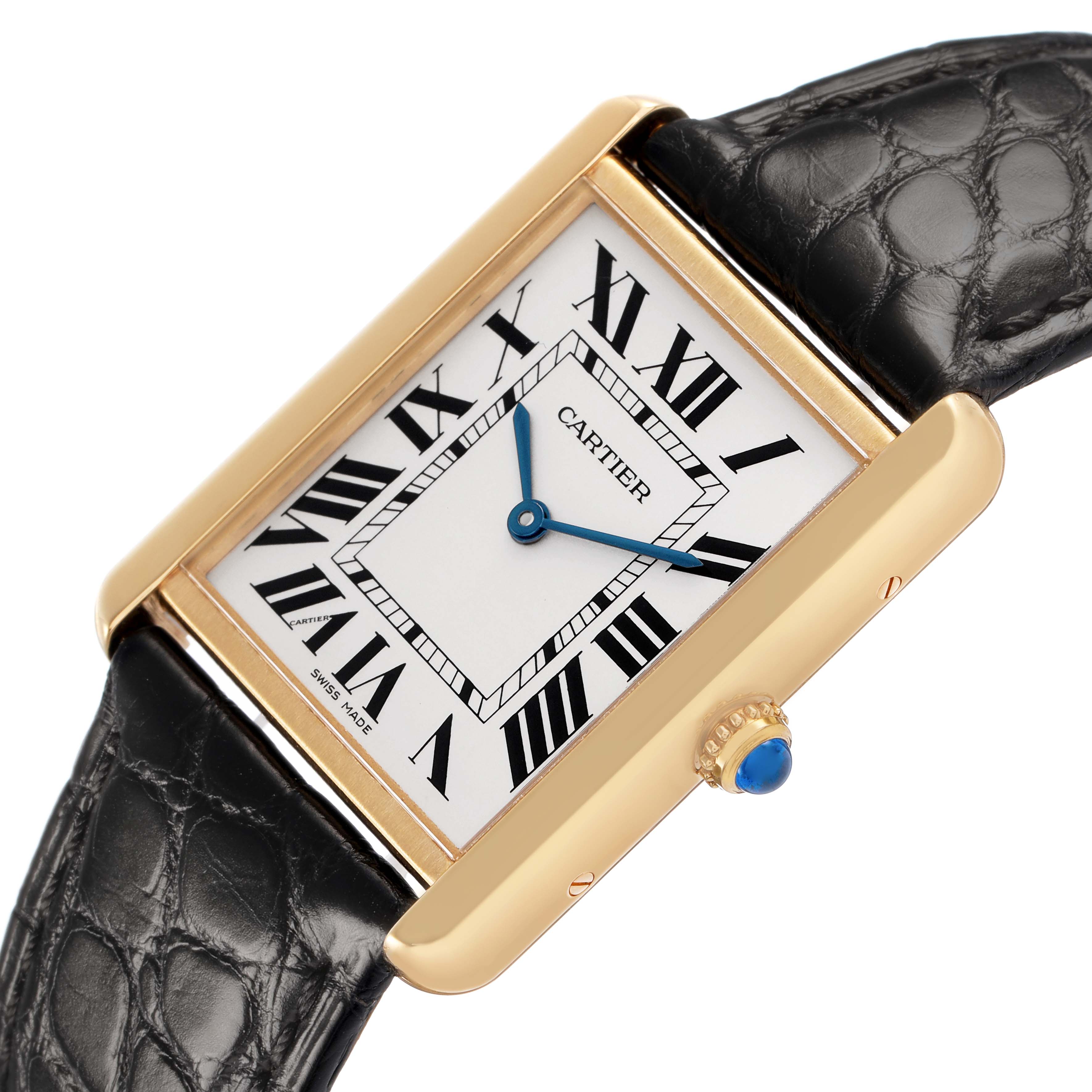 The image shows a Cartier Tank Solo W1018855 Men's Steel and Gold (two tone) Silver Dial watch from a front angle, highlighting its rectangular face, Roman numerals, and black strap.