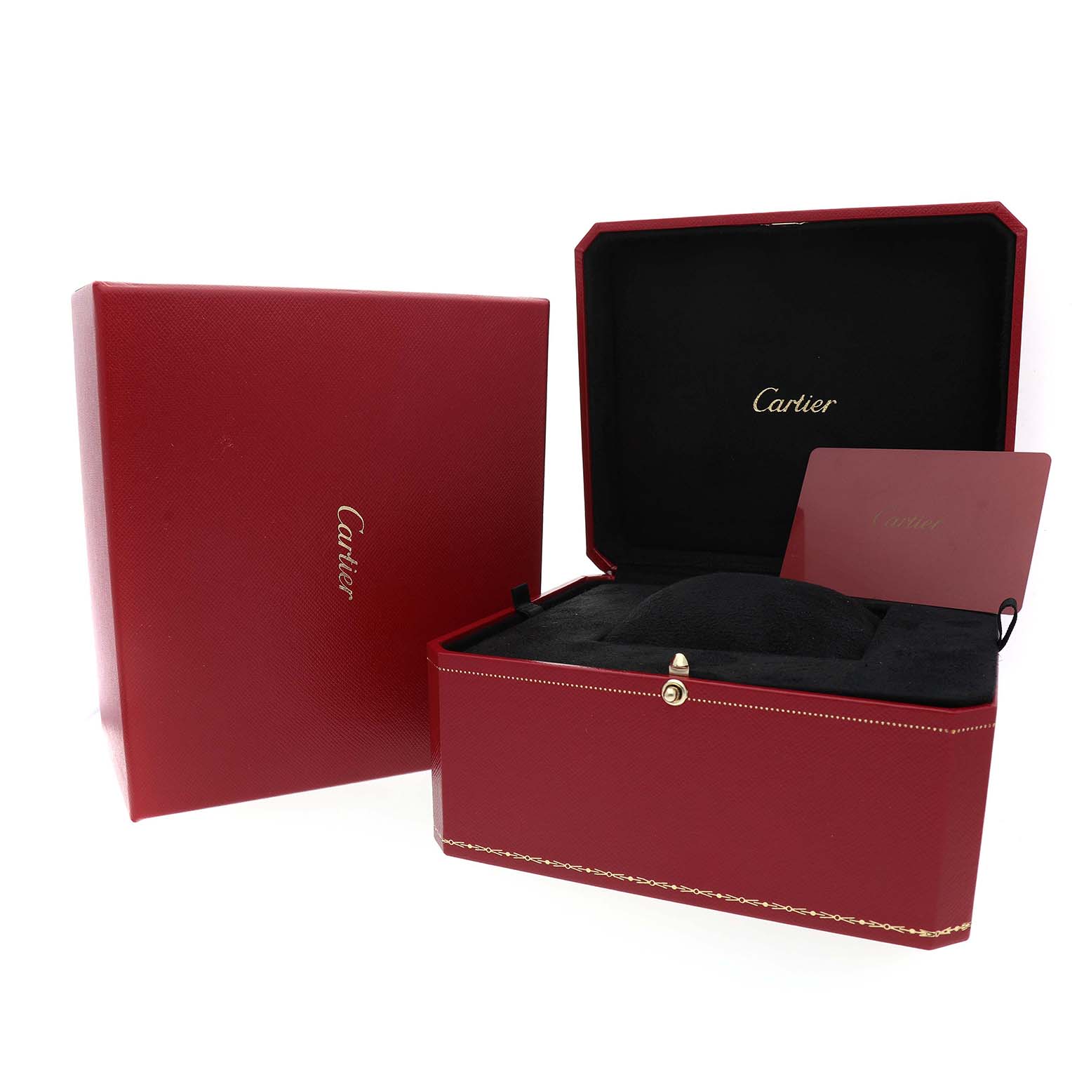 The image shows a Cartier Tortue WA501010 Women's Rose Gold Silver Dial watch box set, including a red presentation box and an inner cushioned display case.