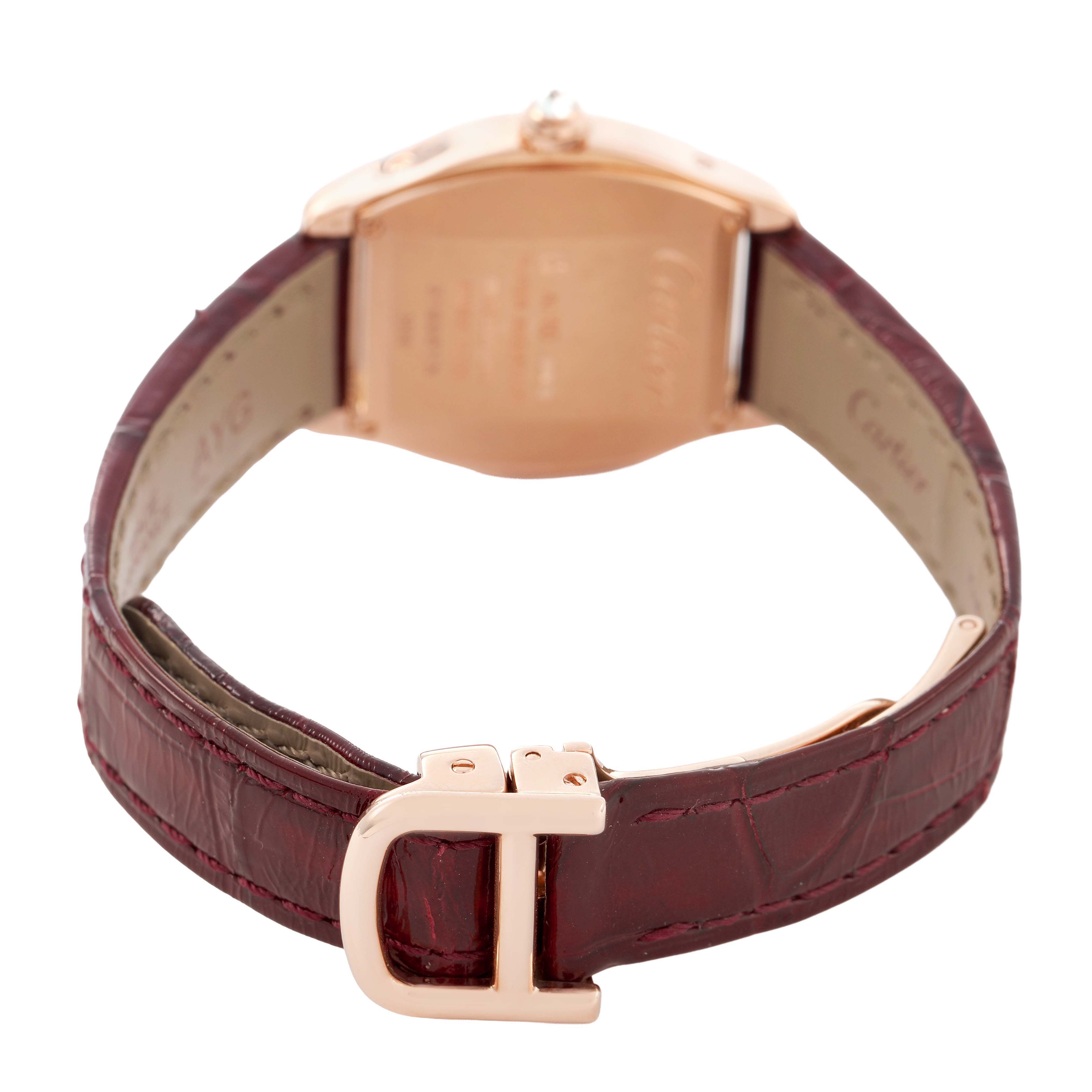 The Cartier Tortue WA501010 Women's Rose Gold Silver Dial watch is shown from the back, highlighting the leather strap and clasp.