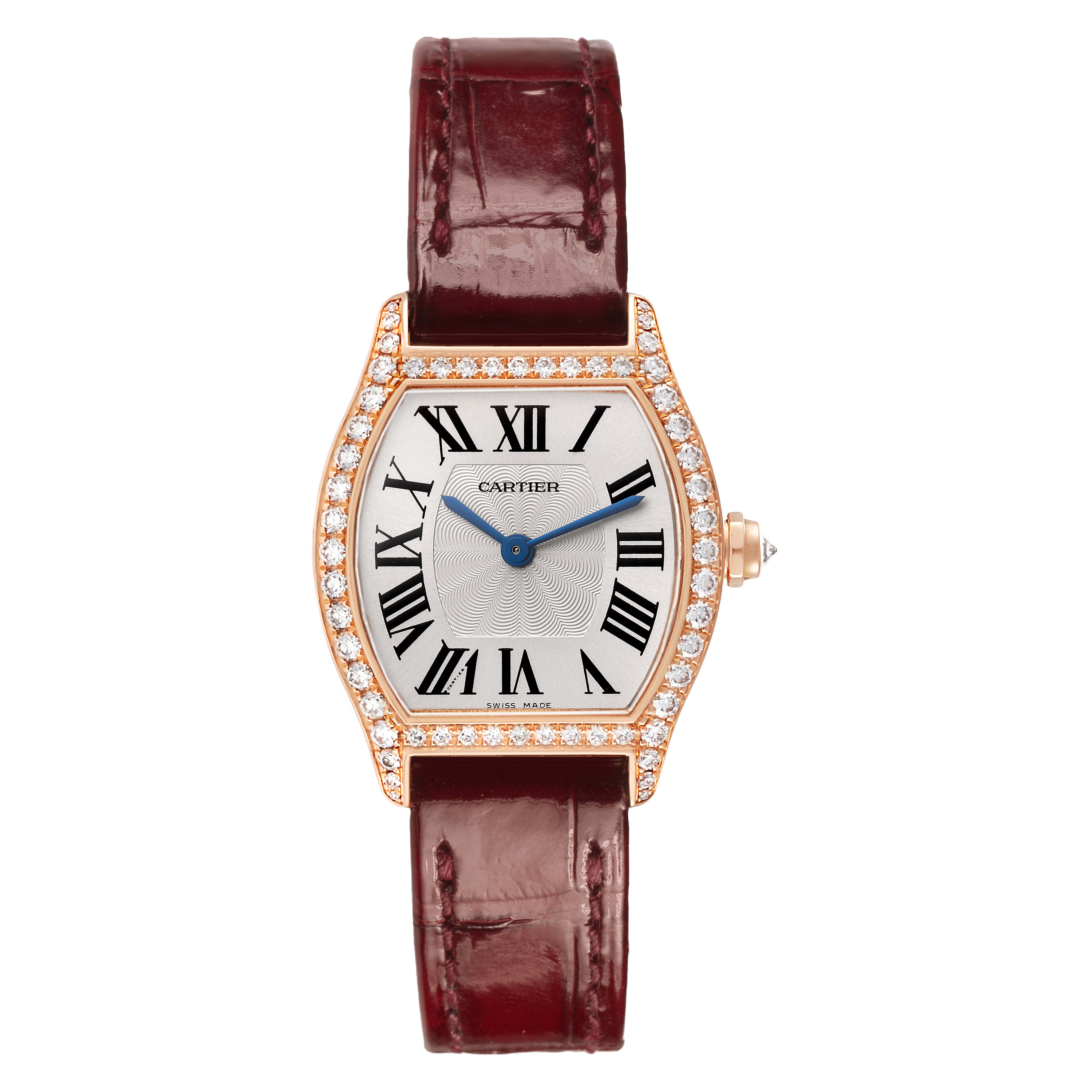 The Cartier Tortue WA501010 Women's Rose Gold Silver Dial watch is shown front-on, featuring a diamond-studded bezel, Roman numerals, and a brown leather strap.