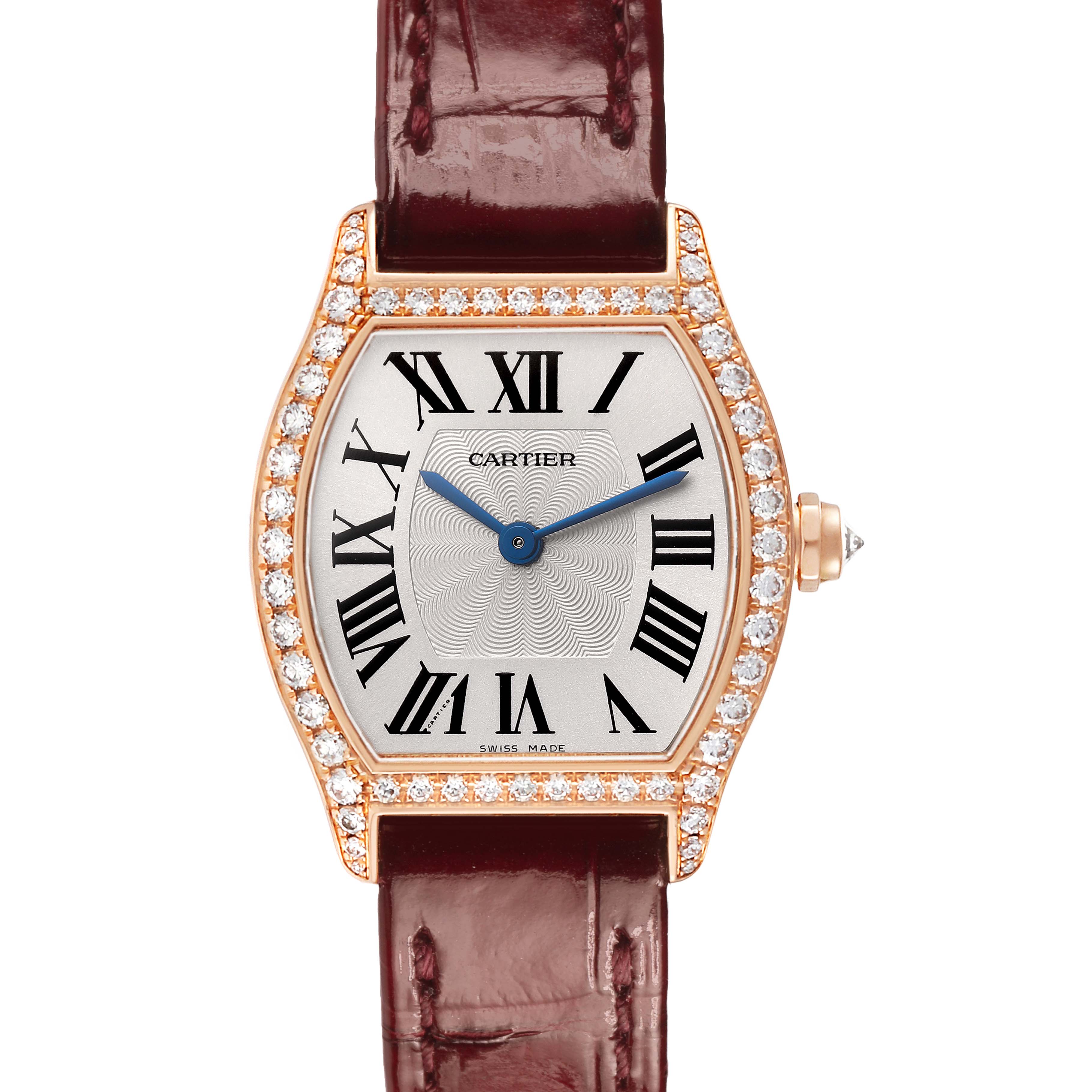 The Cartier Tortue WA501010 Women's Rose Gold Silver Dial model is shown from the front, highlighting its diamond-encrusted bezel, Roman numerals, and leather strap.