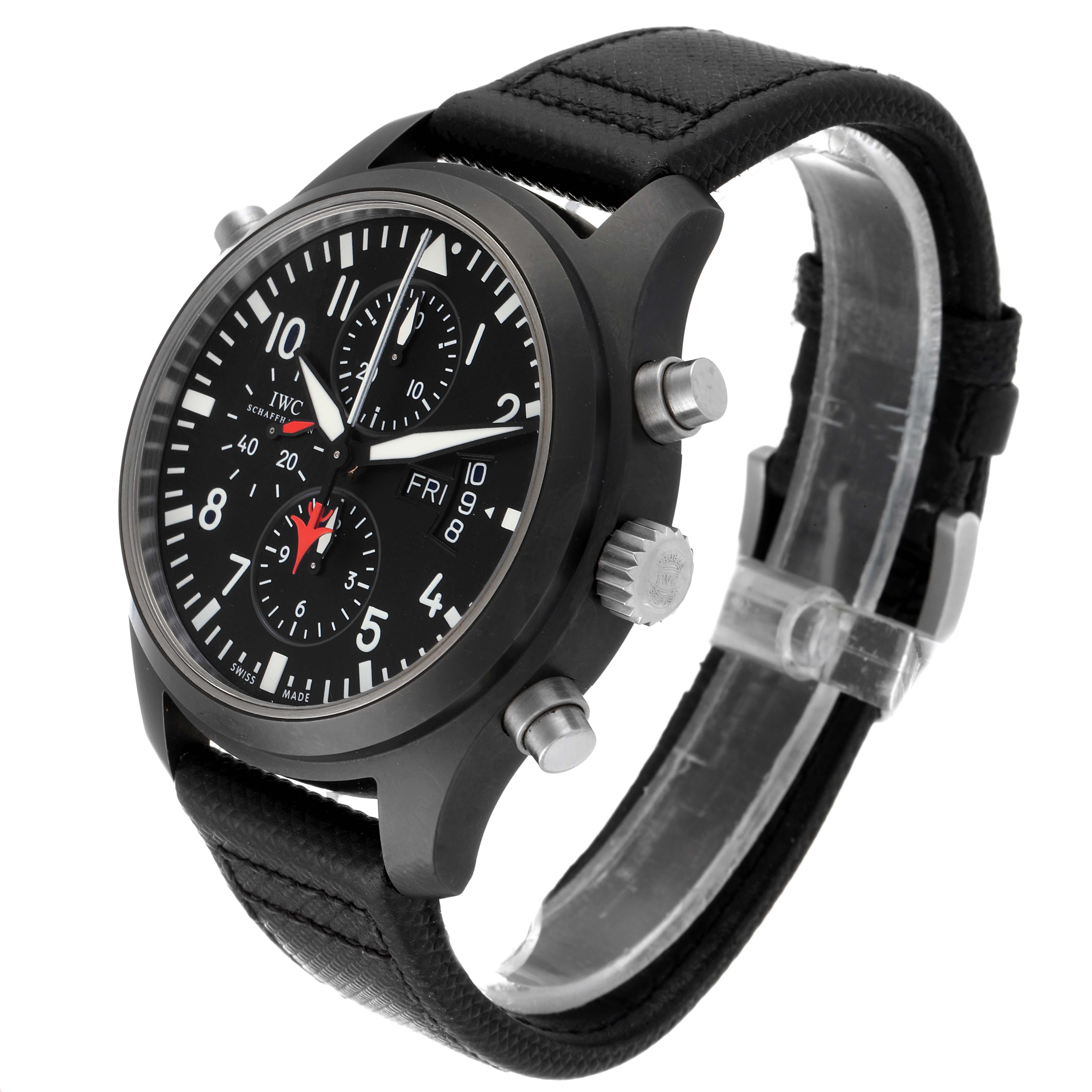 The image shows an IWC Pilot IW379901 Men's Ceramic Black Dial IW379901 Men's Ceramic Black Dial watch from a front-side angle, displaying its face, crown, pushers, and black strap.