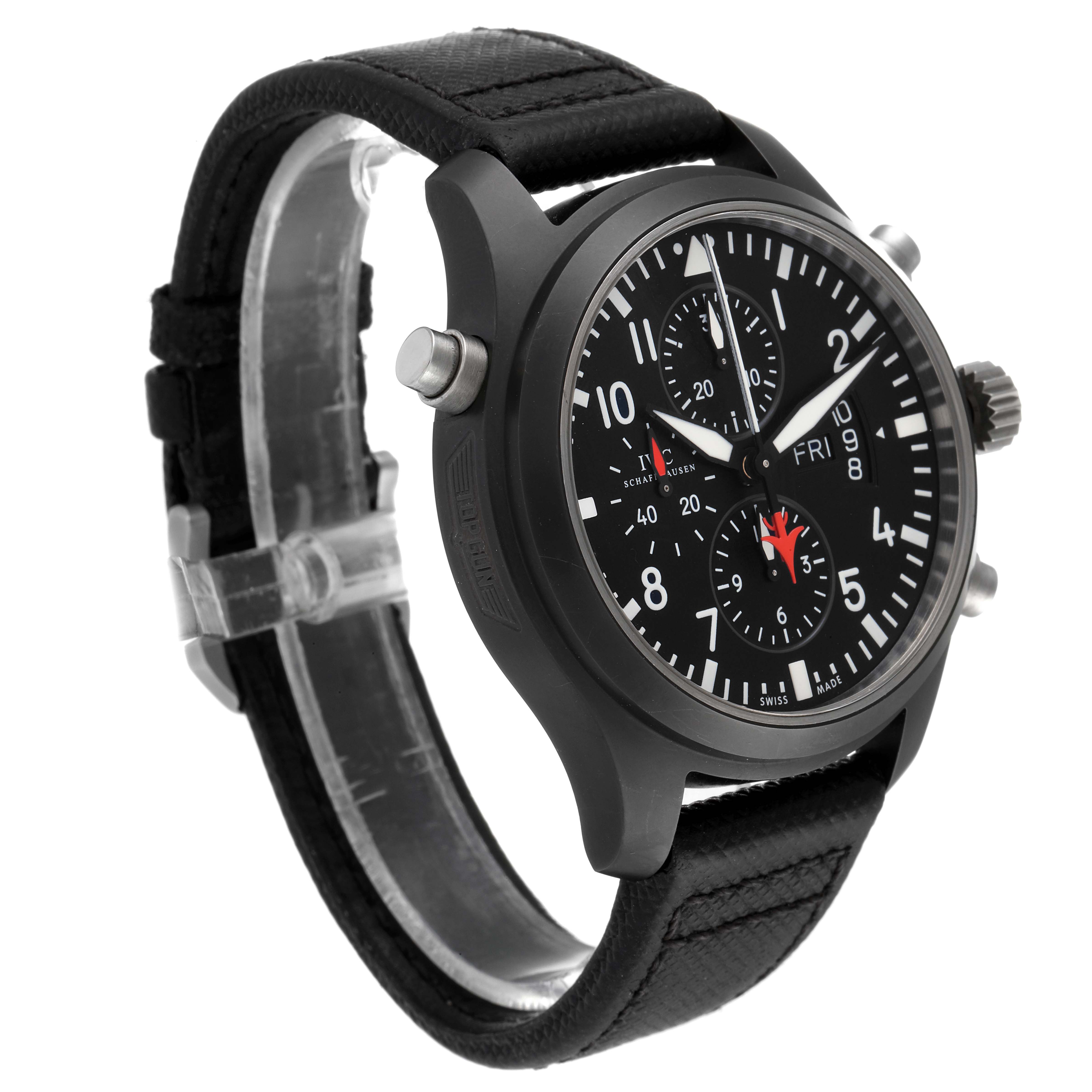 This IWC Pilot IW379901 Men's Ceramic Black Dial IW379901 Men's Ceramic Black Dial model watch is shown from a front angle, displaying its dial, case, and strap.