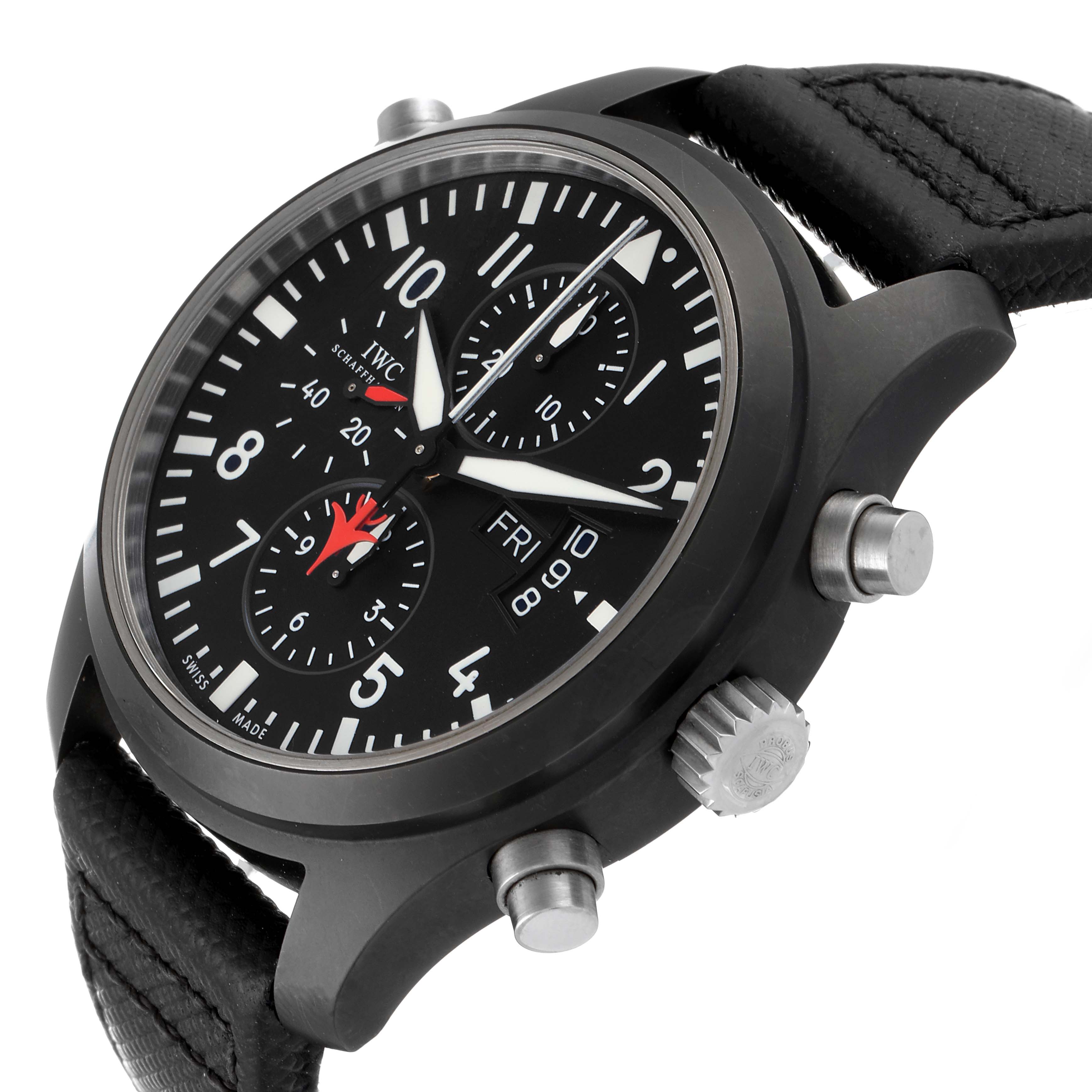 This image shows a black IWC Pilot IW379901 Men's Ceramic Black Dial IW379901 Men's Ceramic Black Dial model watch at a three-quarter angle, highlighting the chronograph, dial, and side pushers.