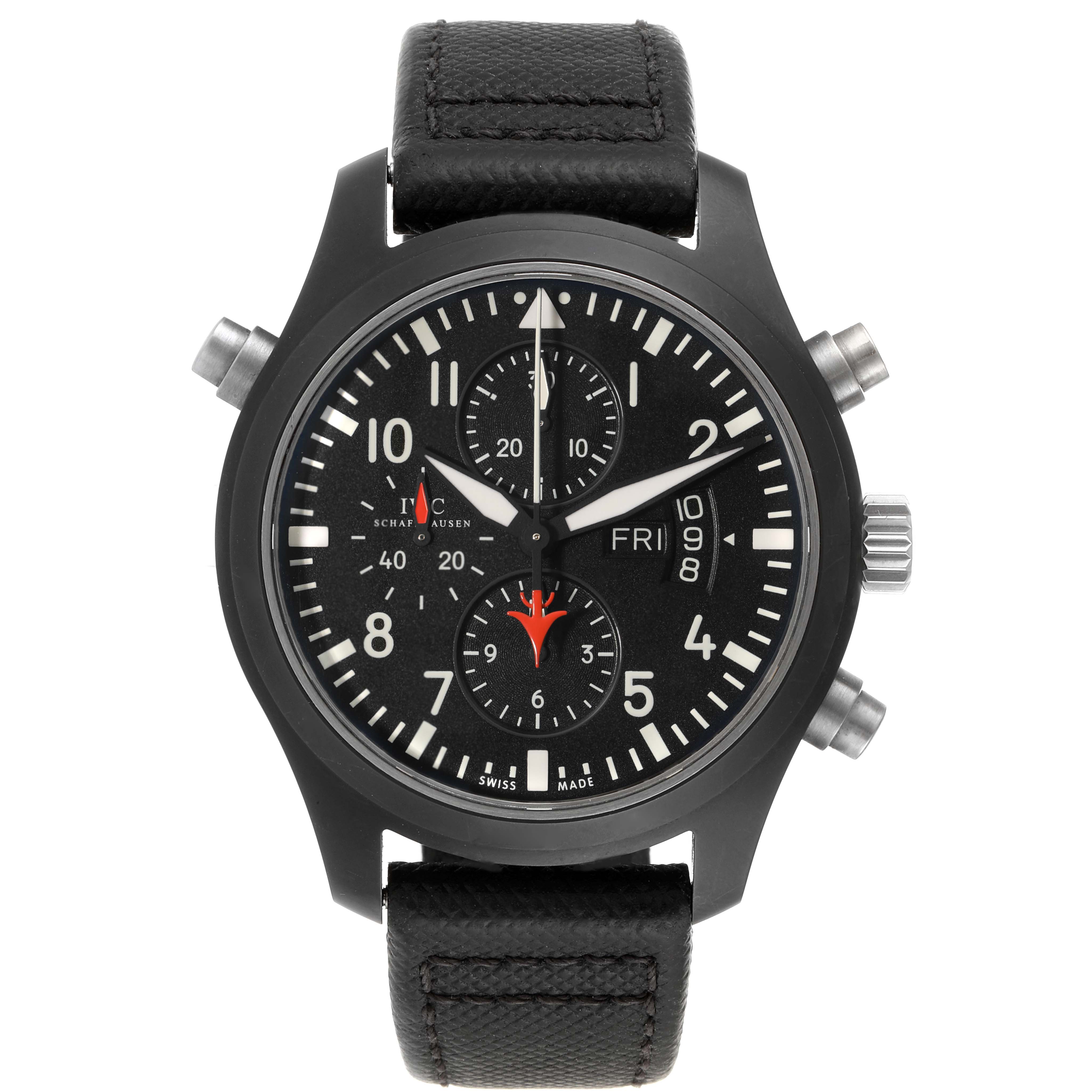 The image shows a front view of an IWC Pilot IW379901 Men's Ceramic Black Dial IW379901 Men's Ceramic Black Dial chronograph watch with black dial and leather strap, displaying the face and pushers.