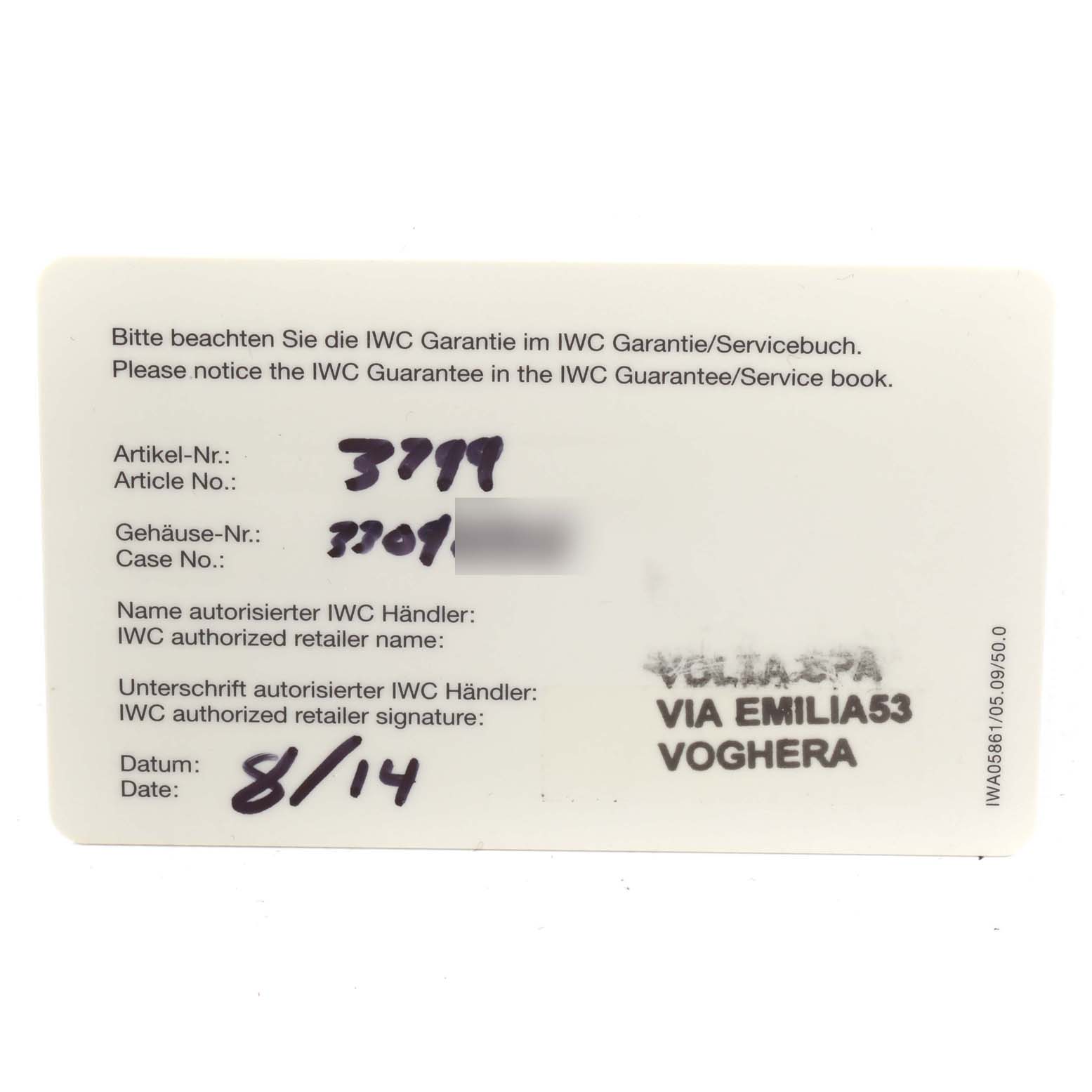 This image shows the guarantee/service card for a Pilot model by IWC, displaying article and case numbers, dates, and retailer information.