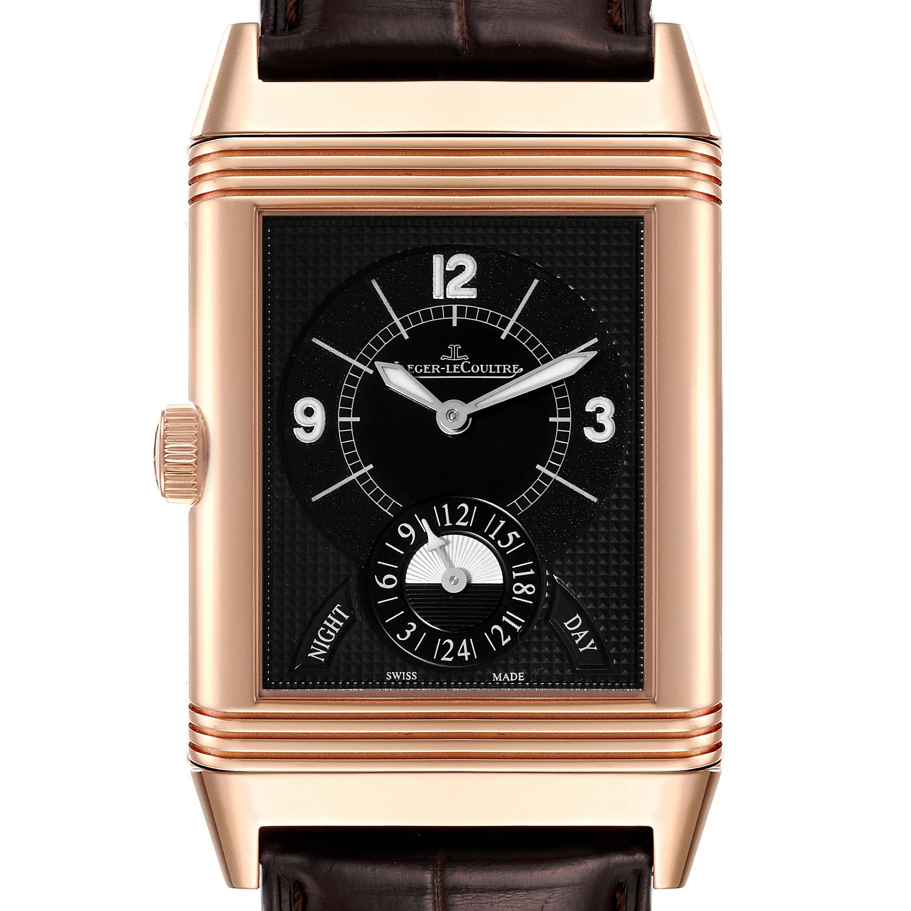 The image shows a front view of the Jaeger LeCoultre Reverso Q3742521 Men
s Rose Gold Silver Dial Q3742521 Men
s Rose Gold Silver Dial watch, displaying its dial and case with crown on the left.
