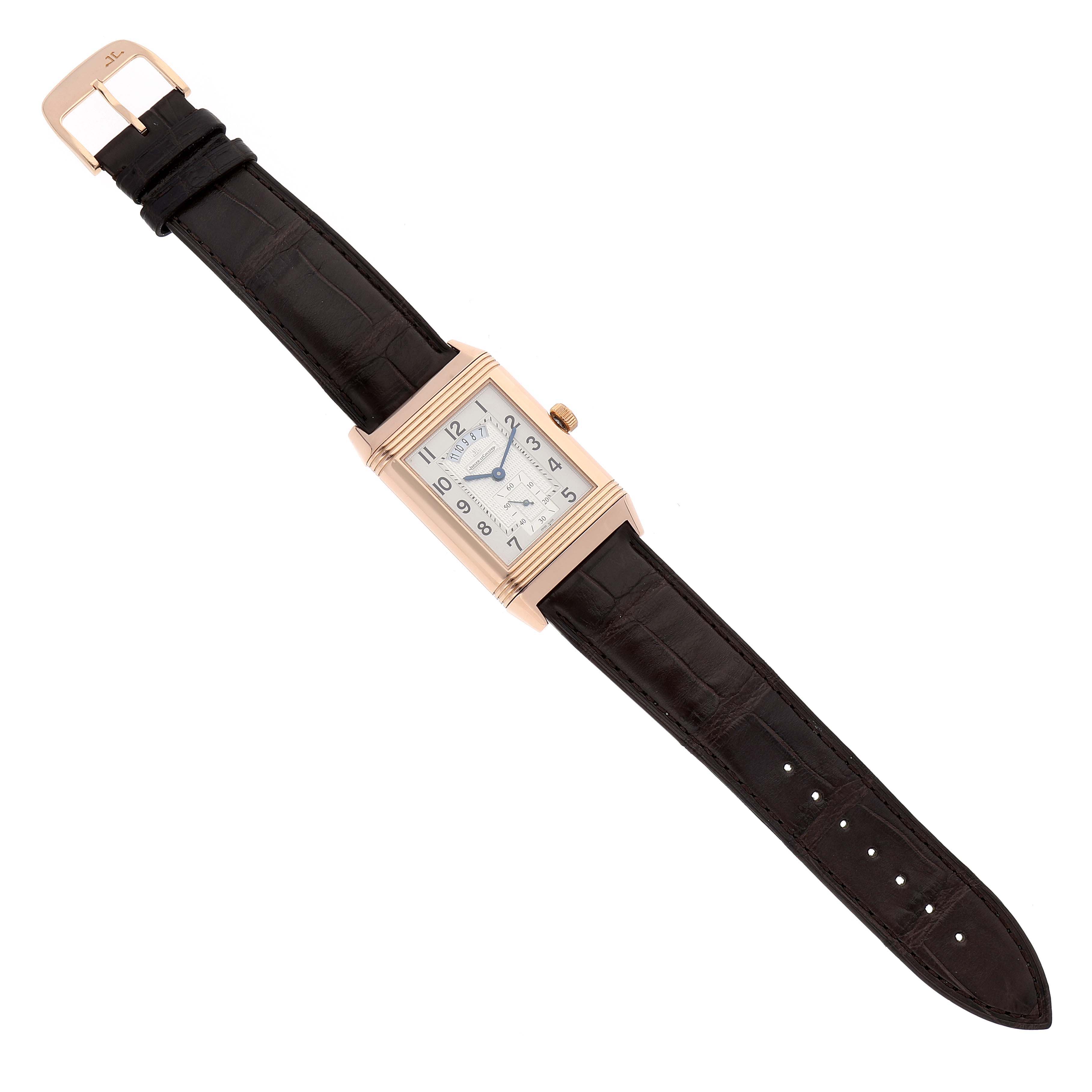 This image shows a Jaeger LeCoultre Reverso Q3742521 Men
s Rose Gold Silver Dial Q3742521 Men
s Rose Gold Silver Dial watch from a top-down angle, highlighting the face, case, and black strap.