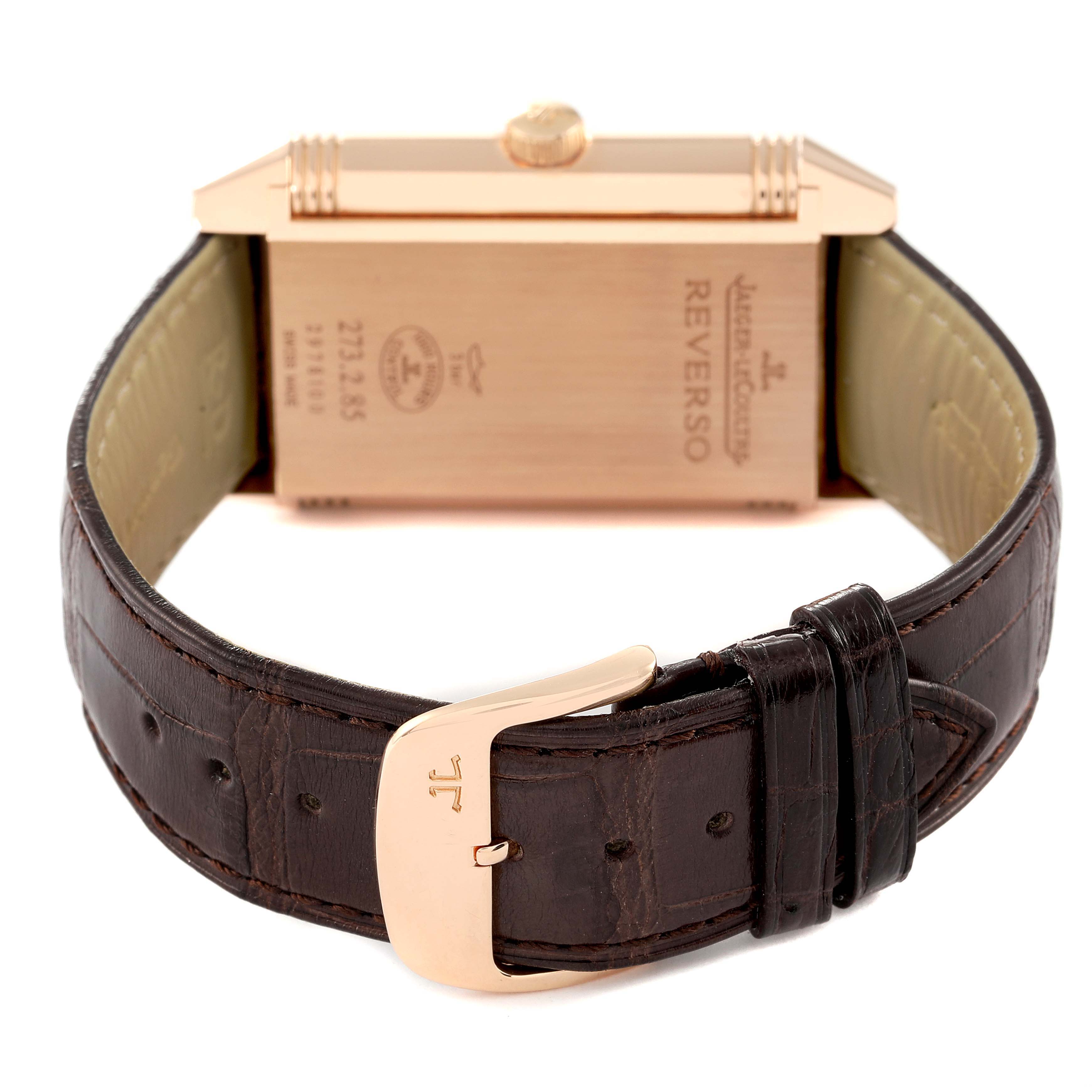 This image shows the back of a Jaeger-LeCoultre Reverso watch, focusing on the strap and clasp.