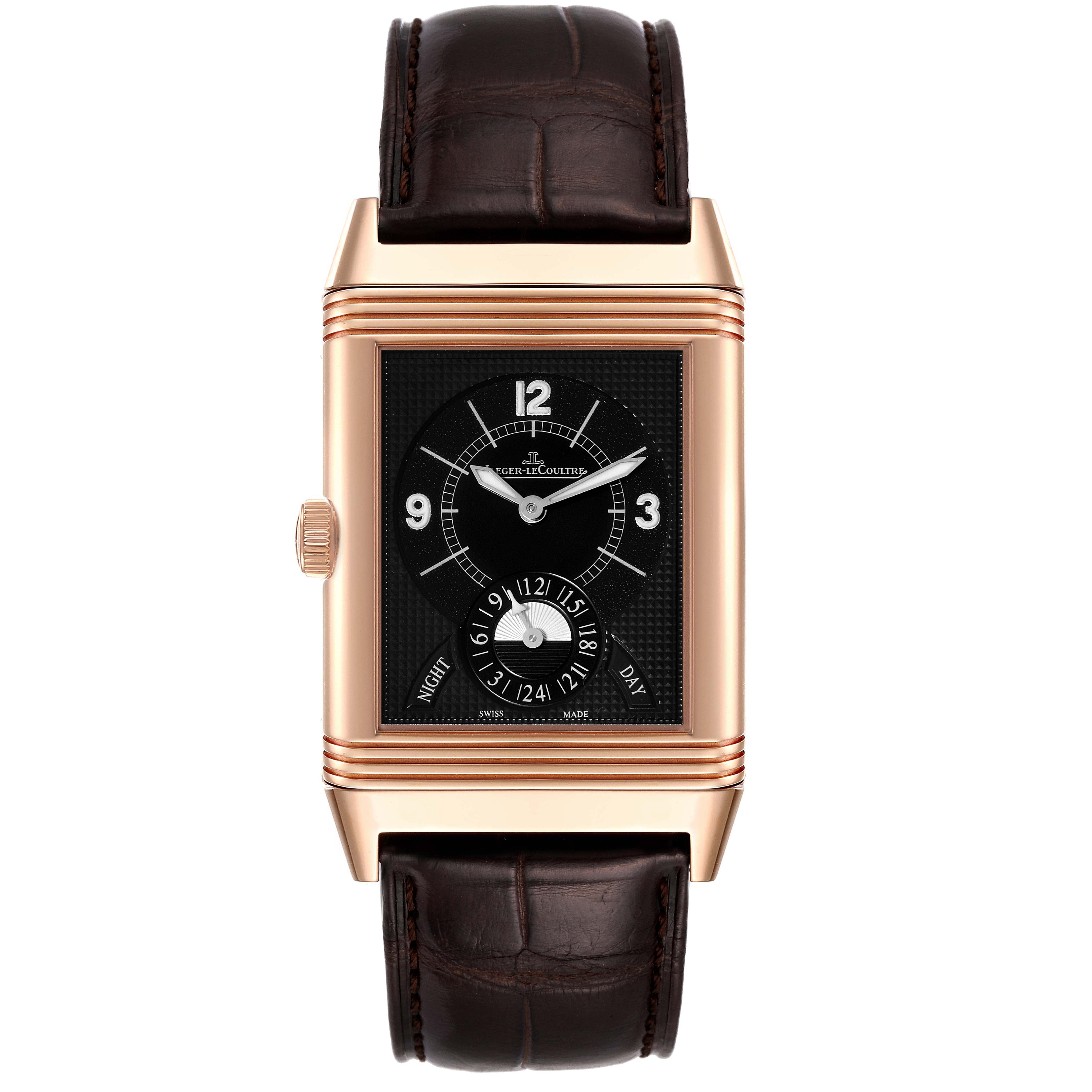 The image shows a front view of a Jaeger LeCoultre Reverso Q3742521 Men
s Rose Gold Silver Dial Q3742521 Men
s Rose Gold Silver Dial watch with a rectangular dial and a brown leather strap.