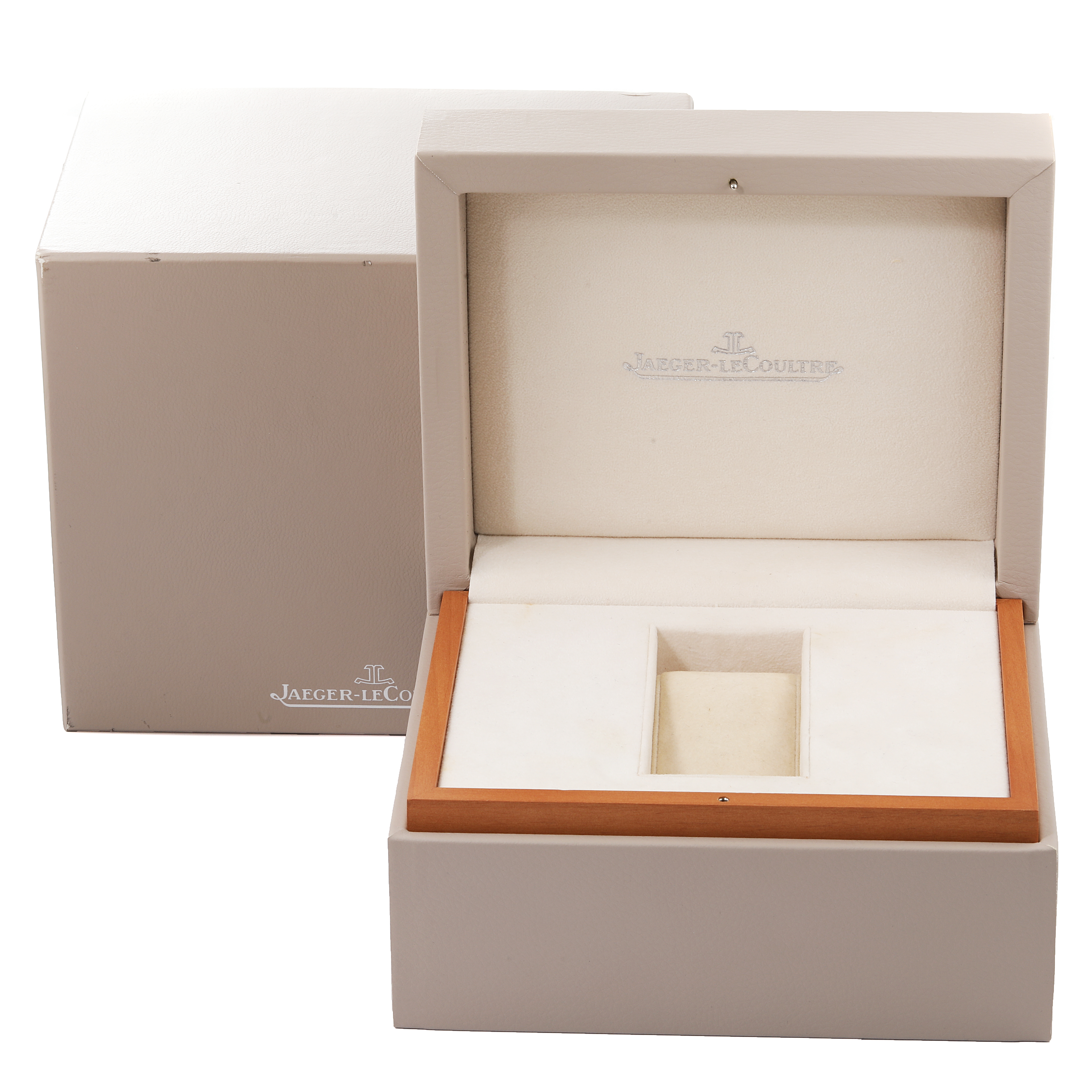 The image shows an open Jaeger LeCoultre Reverso Q3742521 Men
s Rose Gold Silver Dial Q3742521 Men
s Rose Gold Silver Dial watch box, with the brand
s logo visible inside the lid and on the outer box.