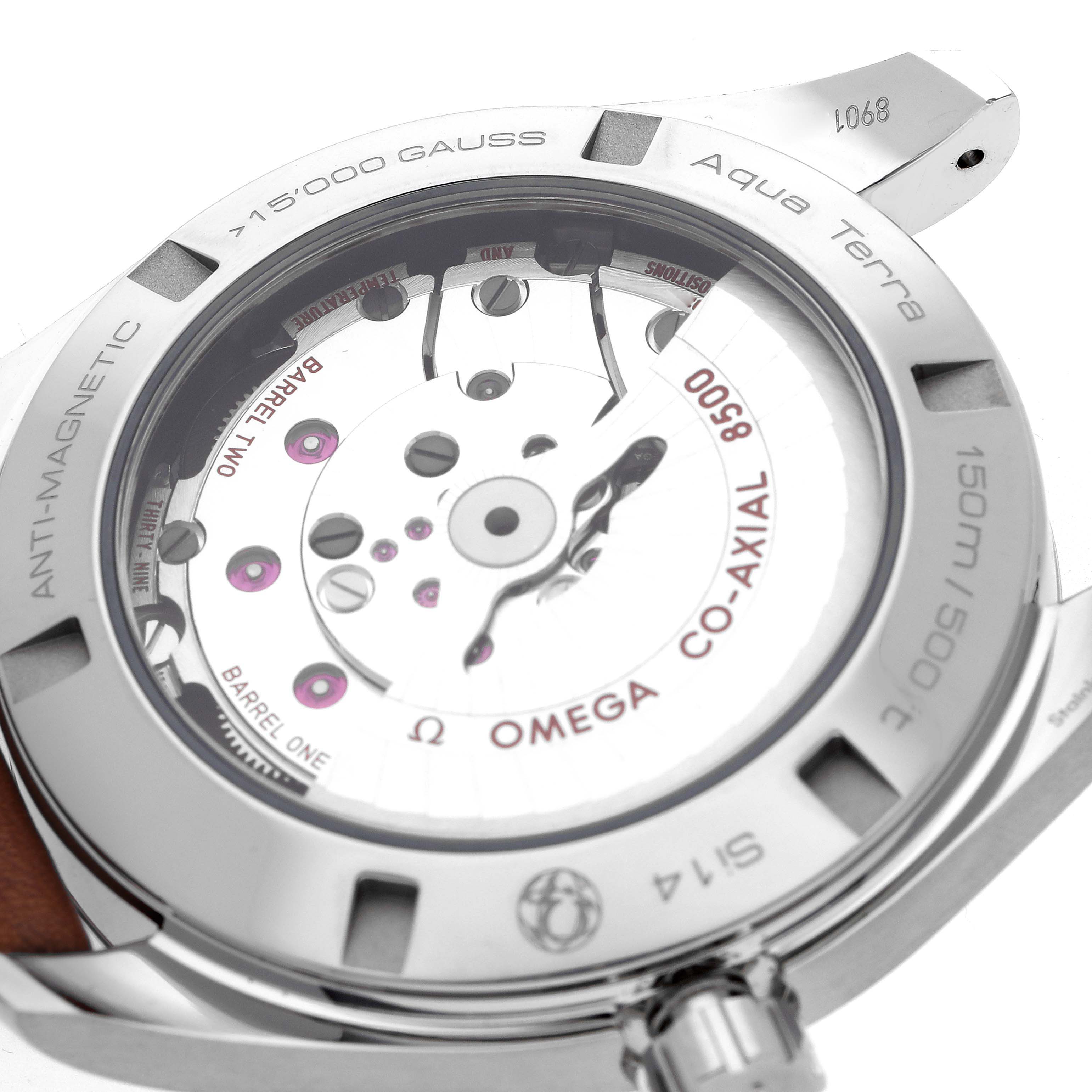 The image shows the back view of the Omega Aqua Terra 231.12.42.21.01.002 Men
s Stainless Steel Black Dial watch, highlighting its Co-Axial 8500 movement.