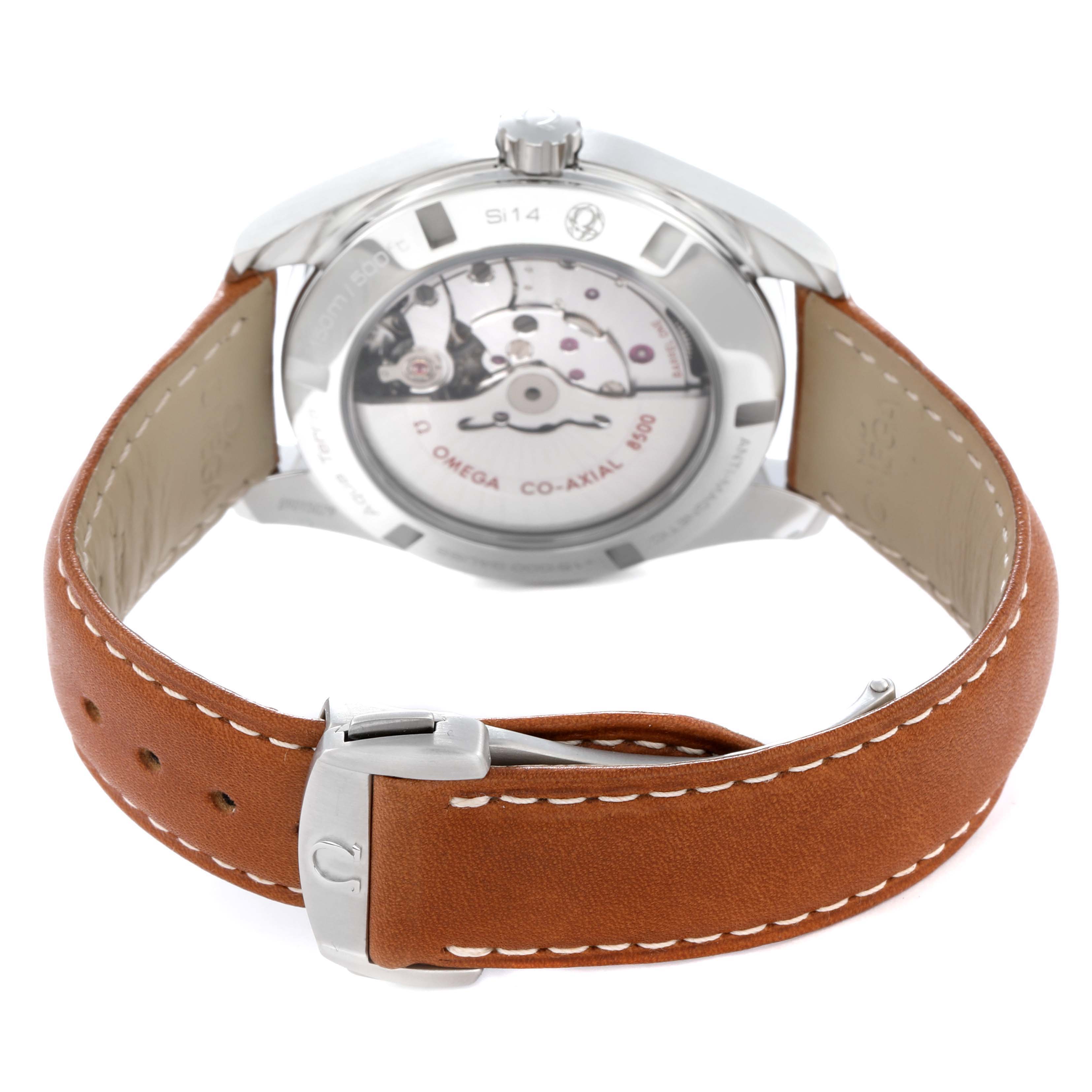 The Omega Aqua Terra 231.12.42.21.01.002 Men
s Stainless Steel Black Dial watch is shown from the back, highlighting the movement and the leather strap with metal clasp.