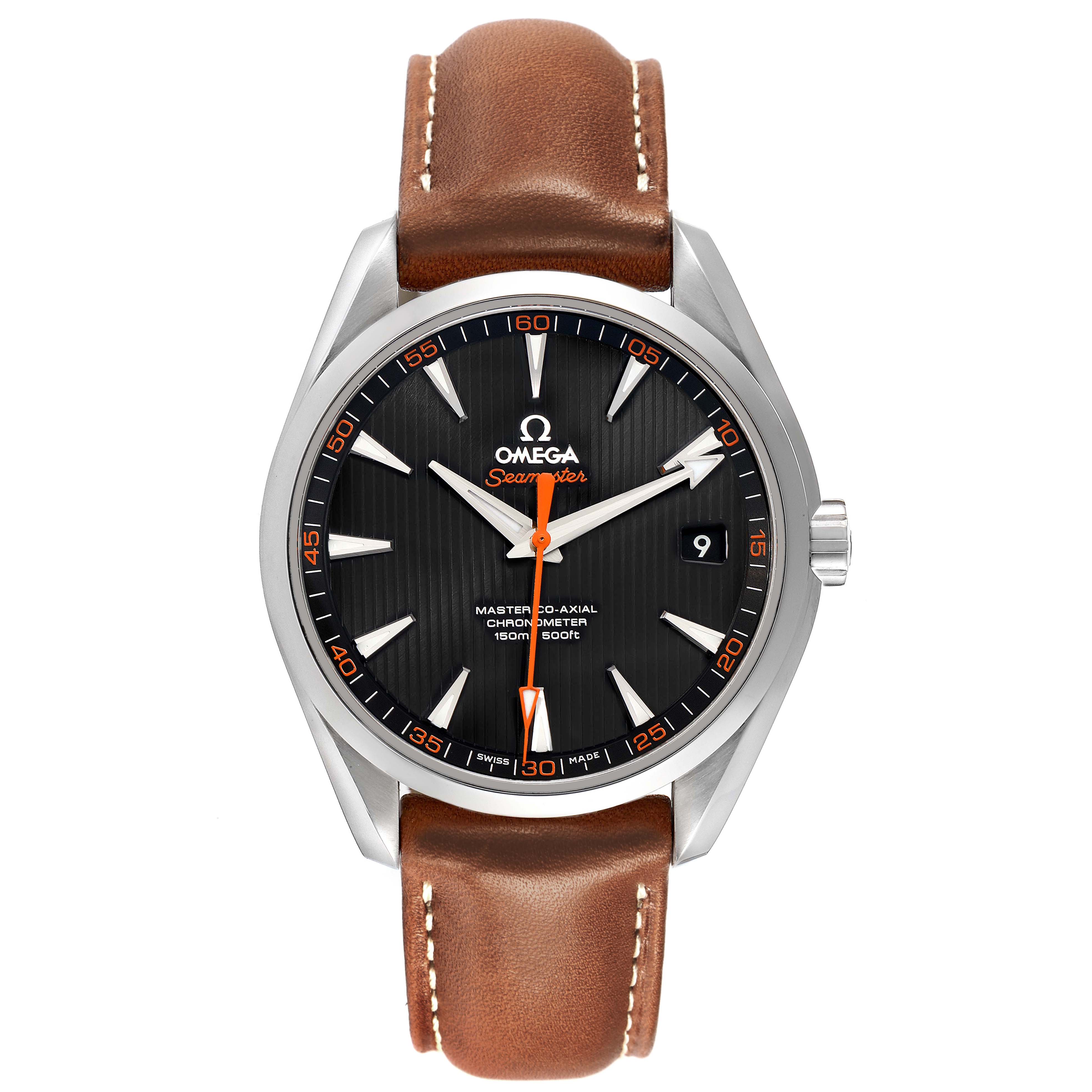 The Omega Aqua Terra 231.12.42.21.01.002 Men
s Stainless Steel Black Dial watch is shown from a front angle, displaying the dial, hands, bezel, case, and brown leather strap.