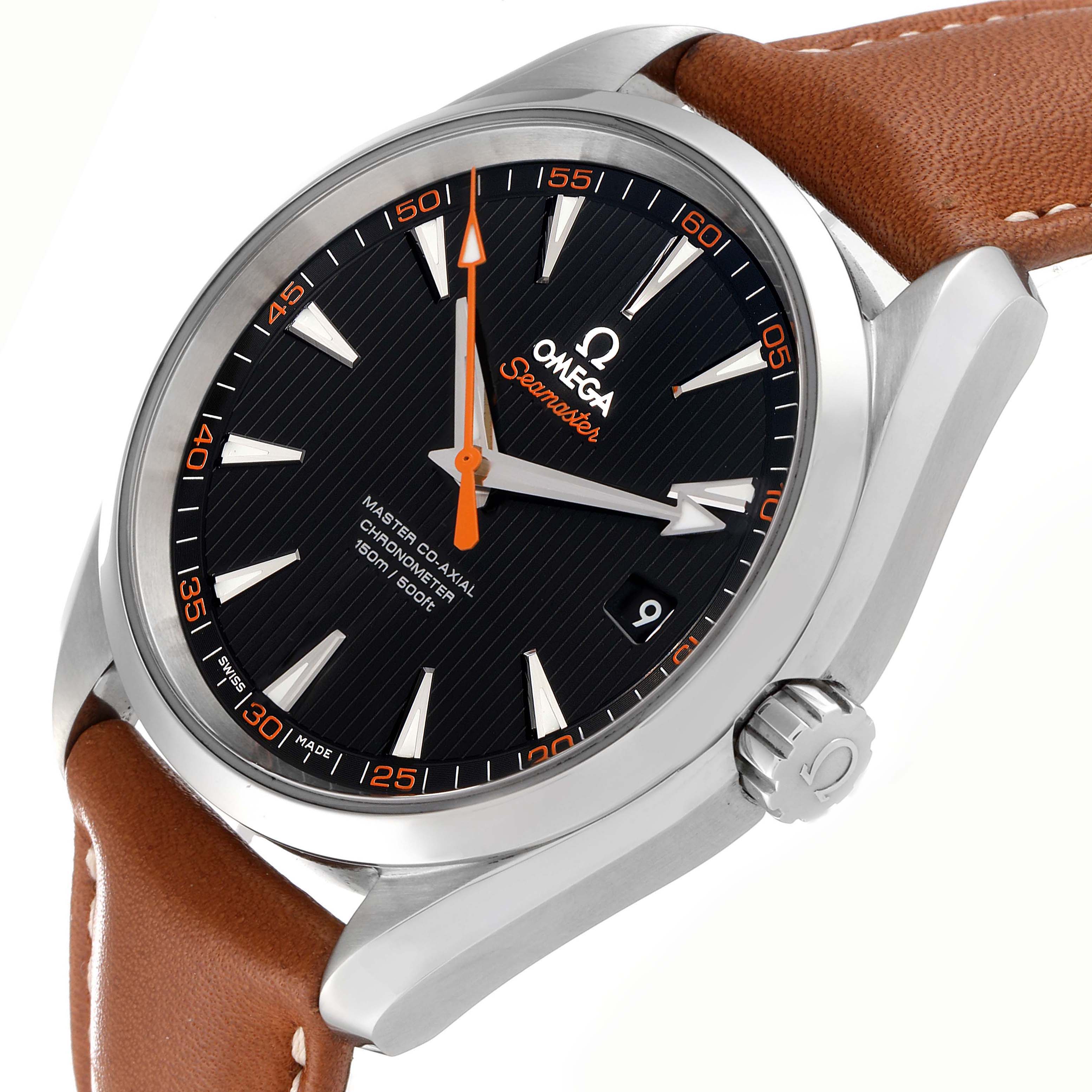 The Omega Aqua Terra 231.12.42.21.01.002 Men
s Stainless Steel Black Dial watch is shown at an angled view, highlighting the face, bezel, crown, and part of the leather strap.