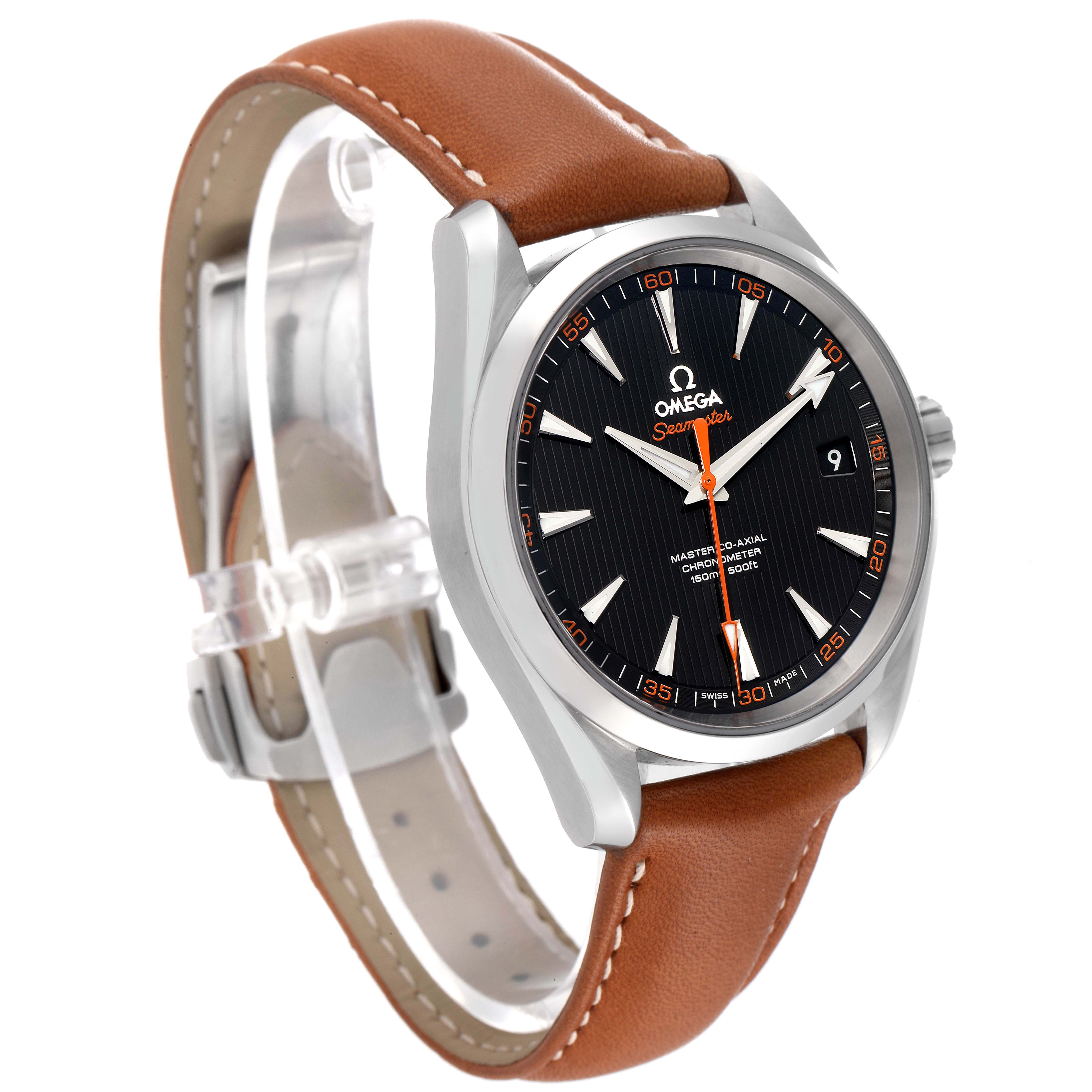 The Omega Aqua Terra 231.12.42.21.01.002 Men
s Stainless Steel Black Dial watch is shown at a side angle, highlighting the black dial, brown leather strap, and stainless steel case.