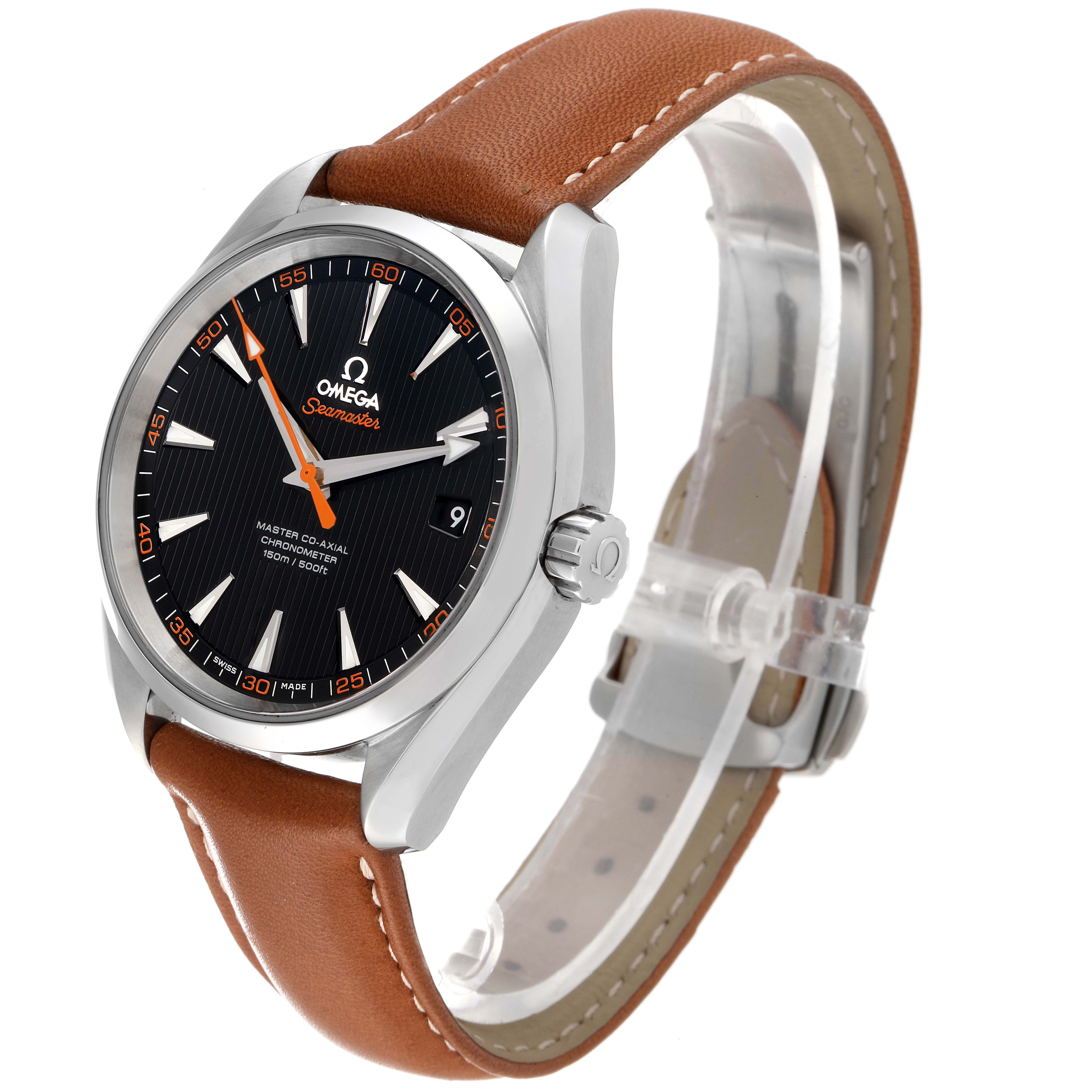 The Omega Aqua Terra 231.12.42.21.01.002 Men
s Stainless Steel Black Dial watch is shown at a three-quarter angle, displaying its face, bezel, crown, and brown leather strap.