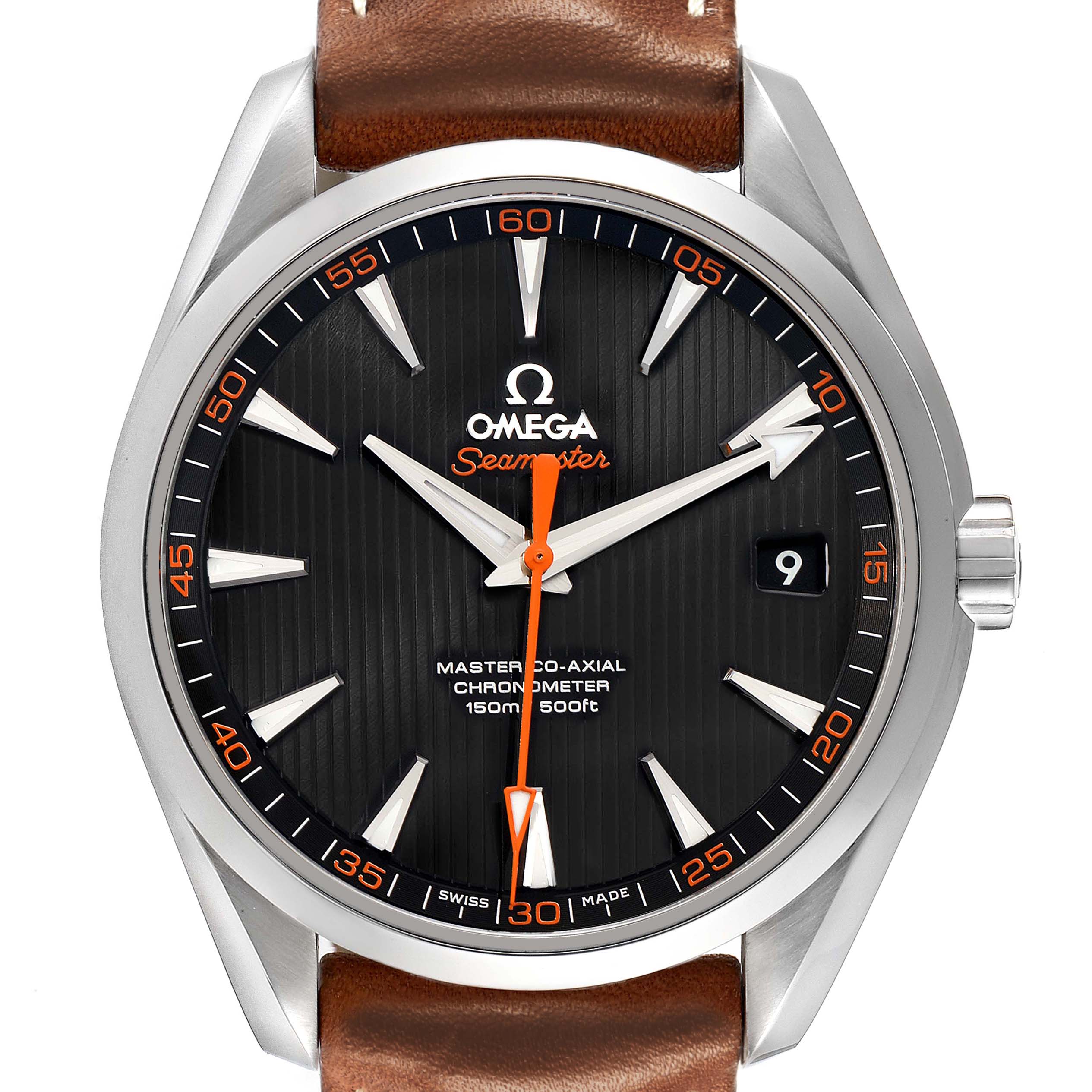 The Omega Aqua Terra 231.12.42.21.01.002 Men
s Stainless Steel Black Dial watch is shown from a front angle, displaying the dial, hour markers, hands, date window, and case with a leather strap.