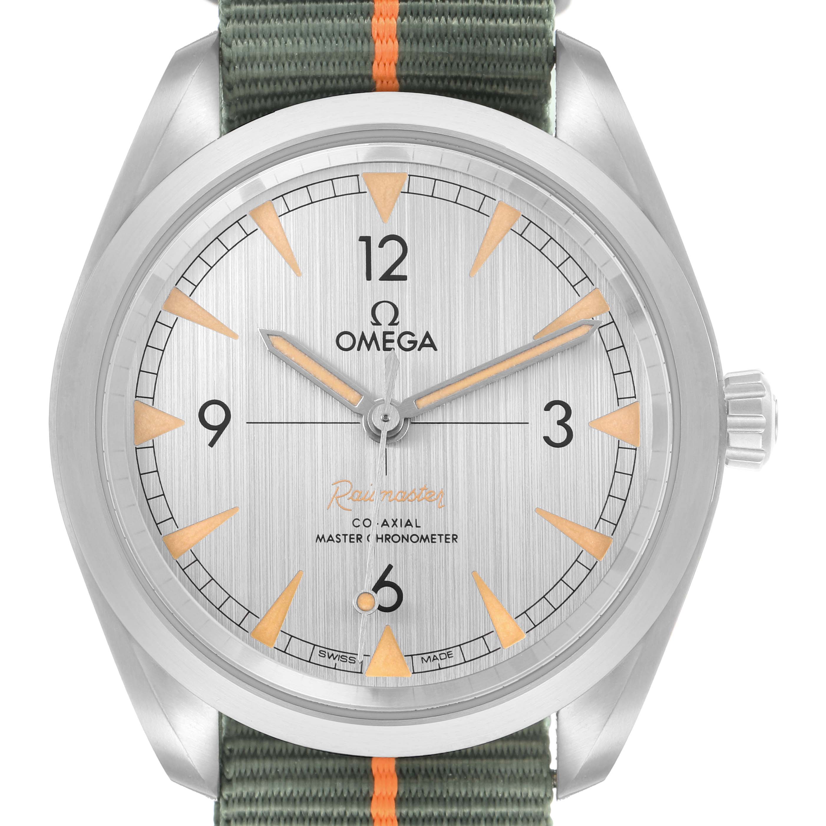 The Omega Seamaster 220.12.40.20.06.001 Men's Stainless Steel Grey Dial watch is shown from a front angle, displaying the dial, hands, and part of the strap.