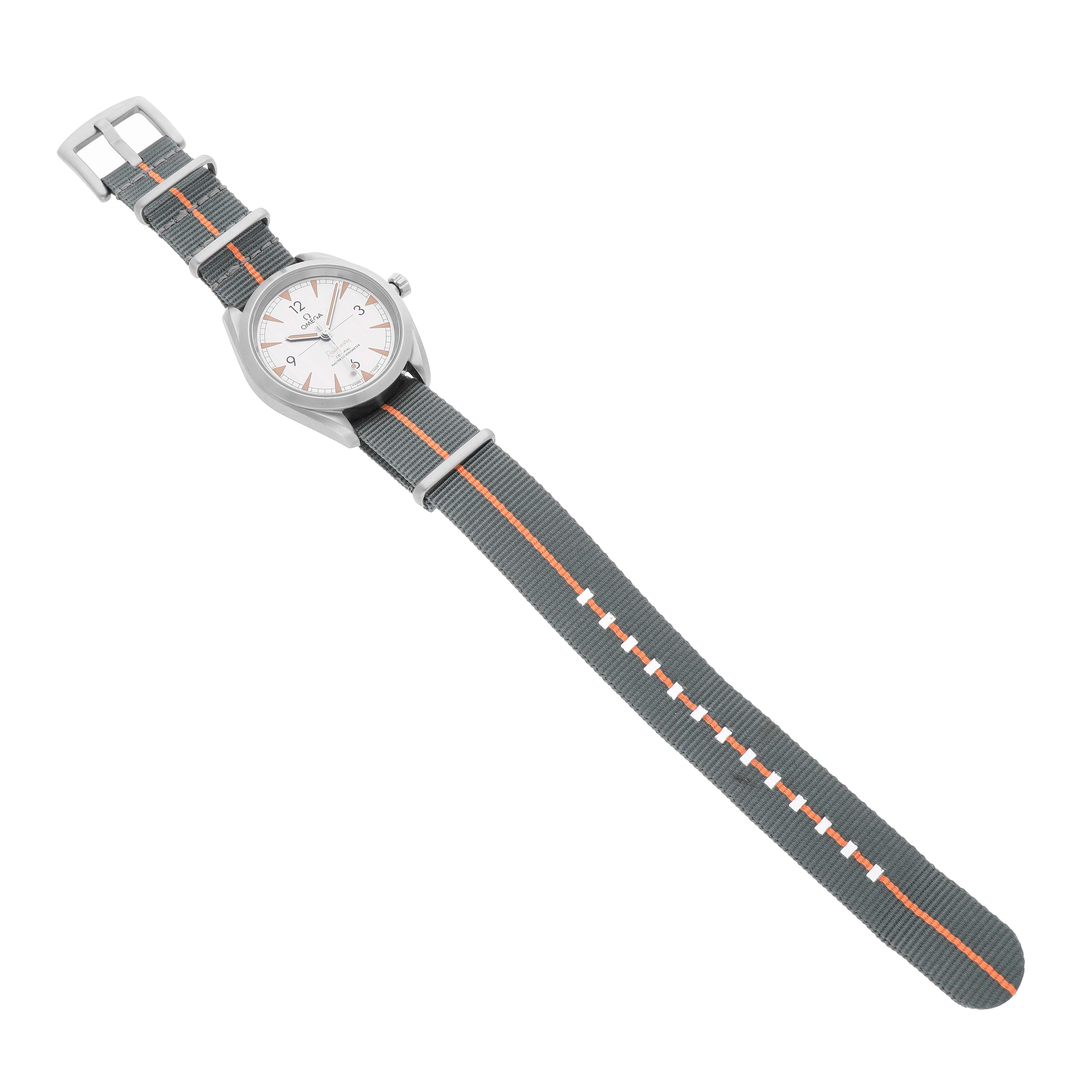 The Omega Seamaster 220.12.40.20.06.001 Men's Stainless Steel Grey Dial watch is shown from a top-down angle, displaying the dial, case, and NATO strap.
