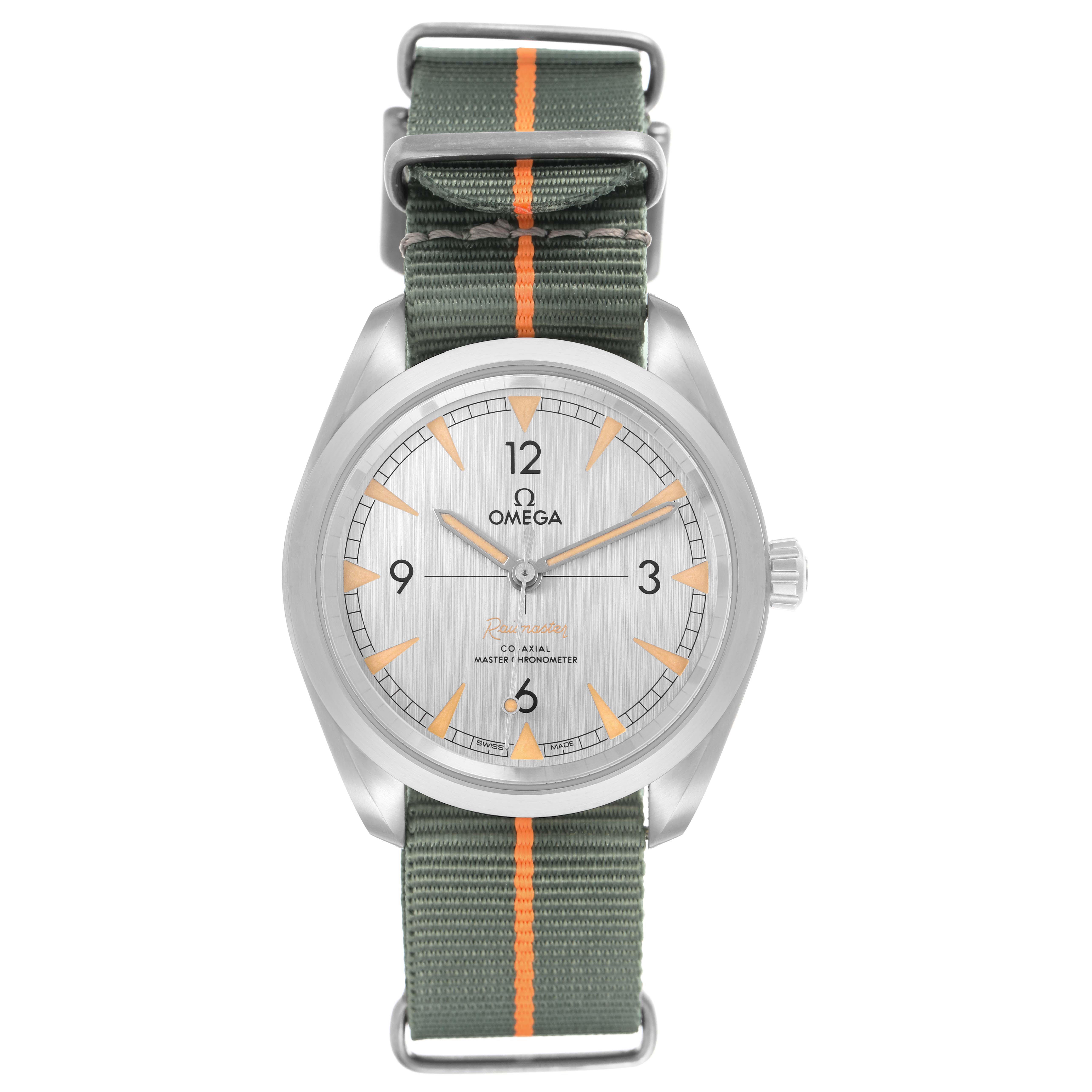 The Omega Seamaster 220.12.40.20.06.001 Men's Stainless Steel Grey Dial watch is shown from a front angle, highlighting its face and NATO strap.