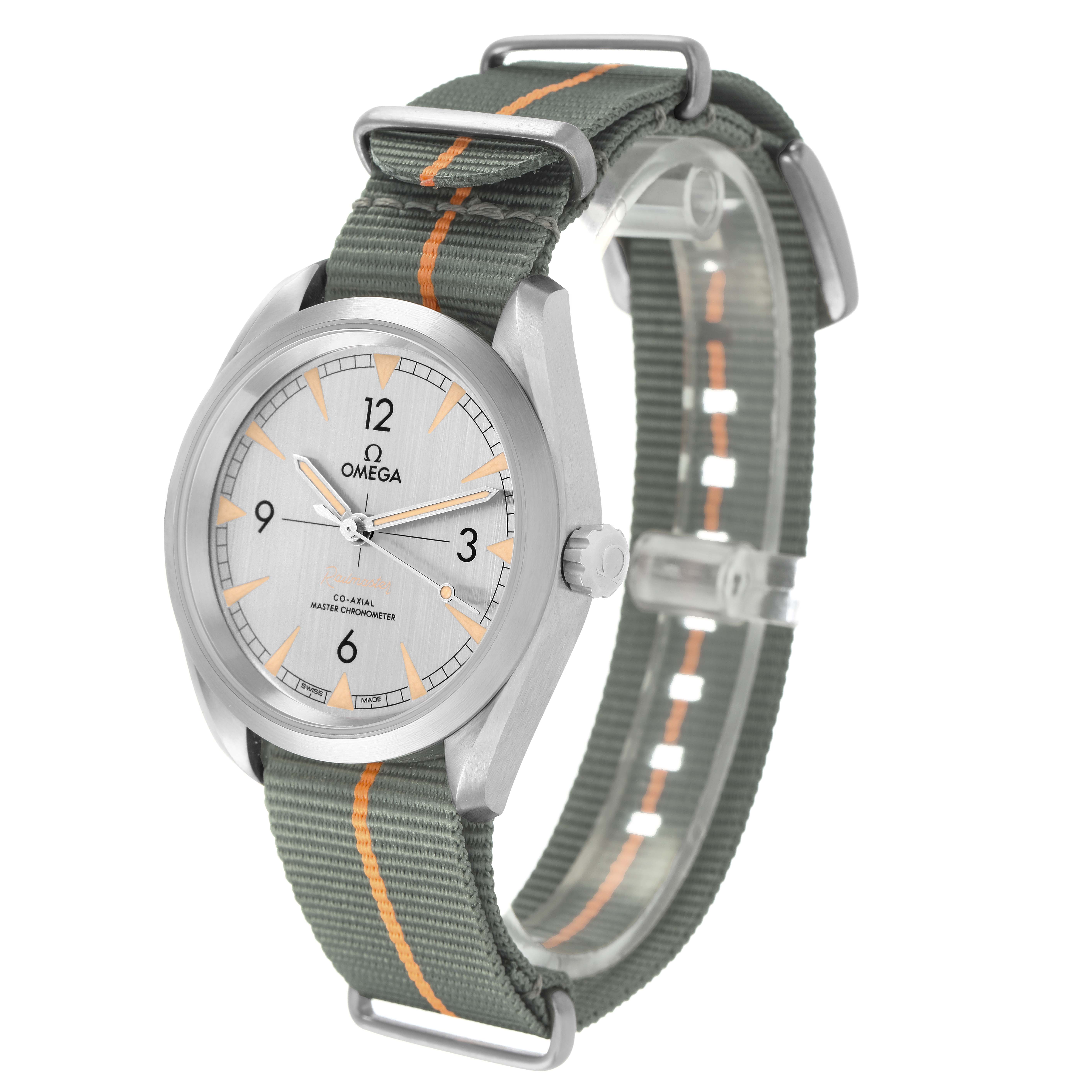 The Omega Seamaster 220.12.40.20.06.001 Men's Stainless Steel Grey Dial watch is displayed at a three-quarter angle, showing the face, bezel, crown, and NATO strap with orange stripe.