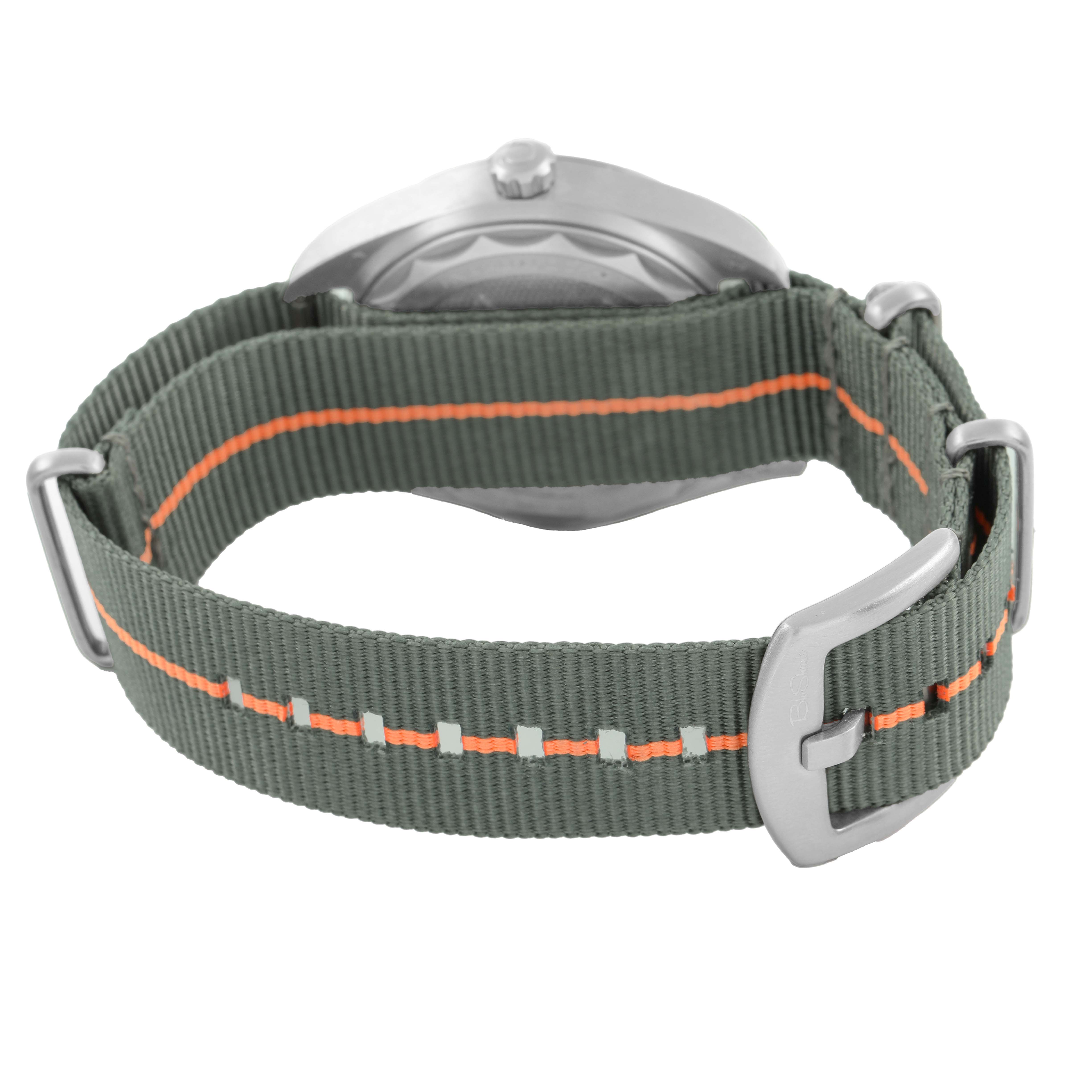 The Omega Seamaster 220.12.40.20.06.001 Men's Stainless Steel Grey Dial watch is shown from the side, highlighting its NATO strap with gray and orange accents and metal buckle.