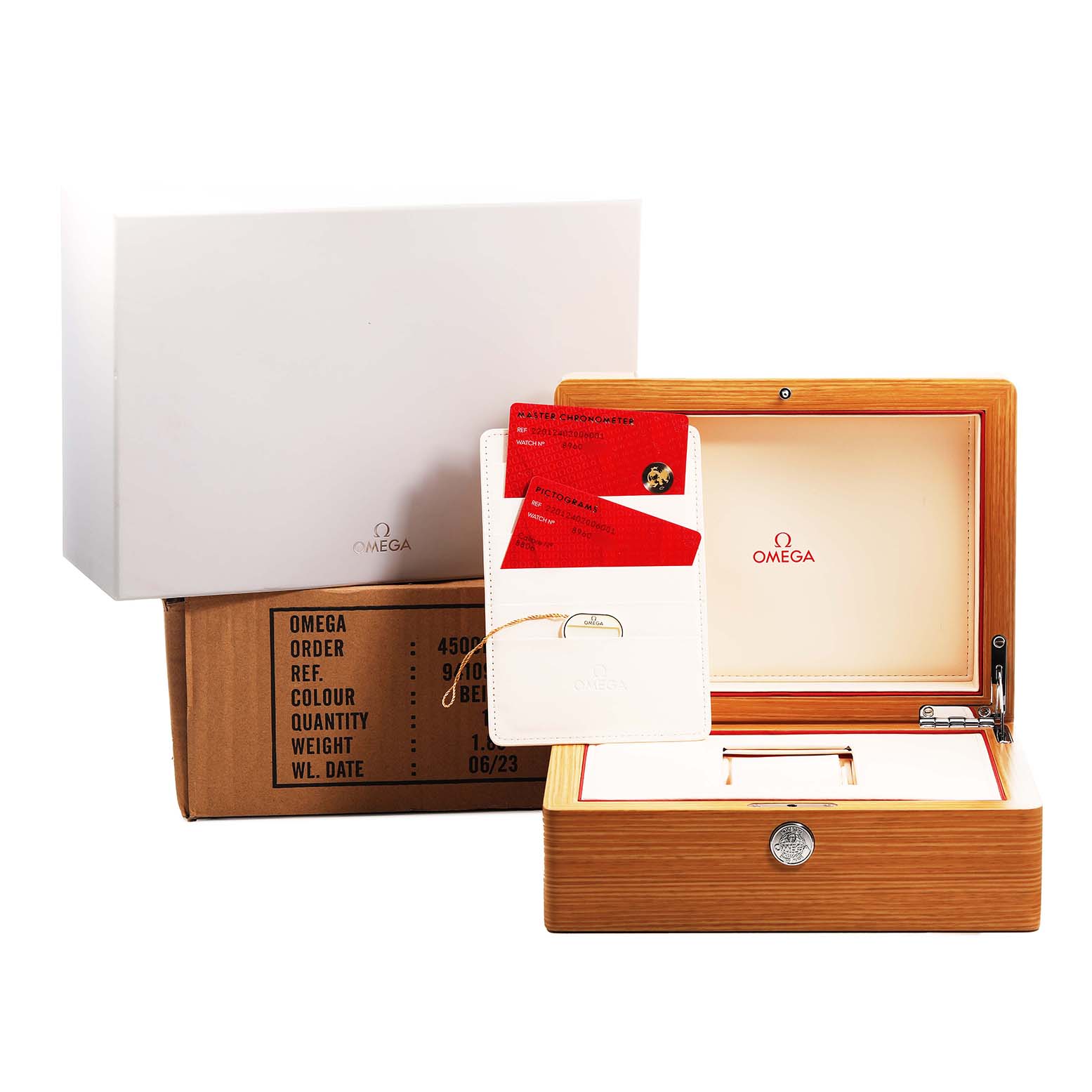 The image shows an Omega Seamaster 220.12.40.20.06.001 Men's Stainless Steel Grey Dial watch box, including the open wooden case and warranty cards.