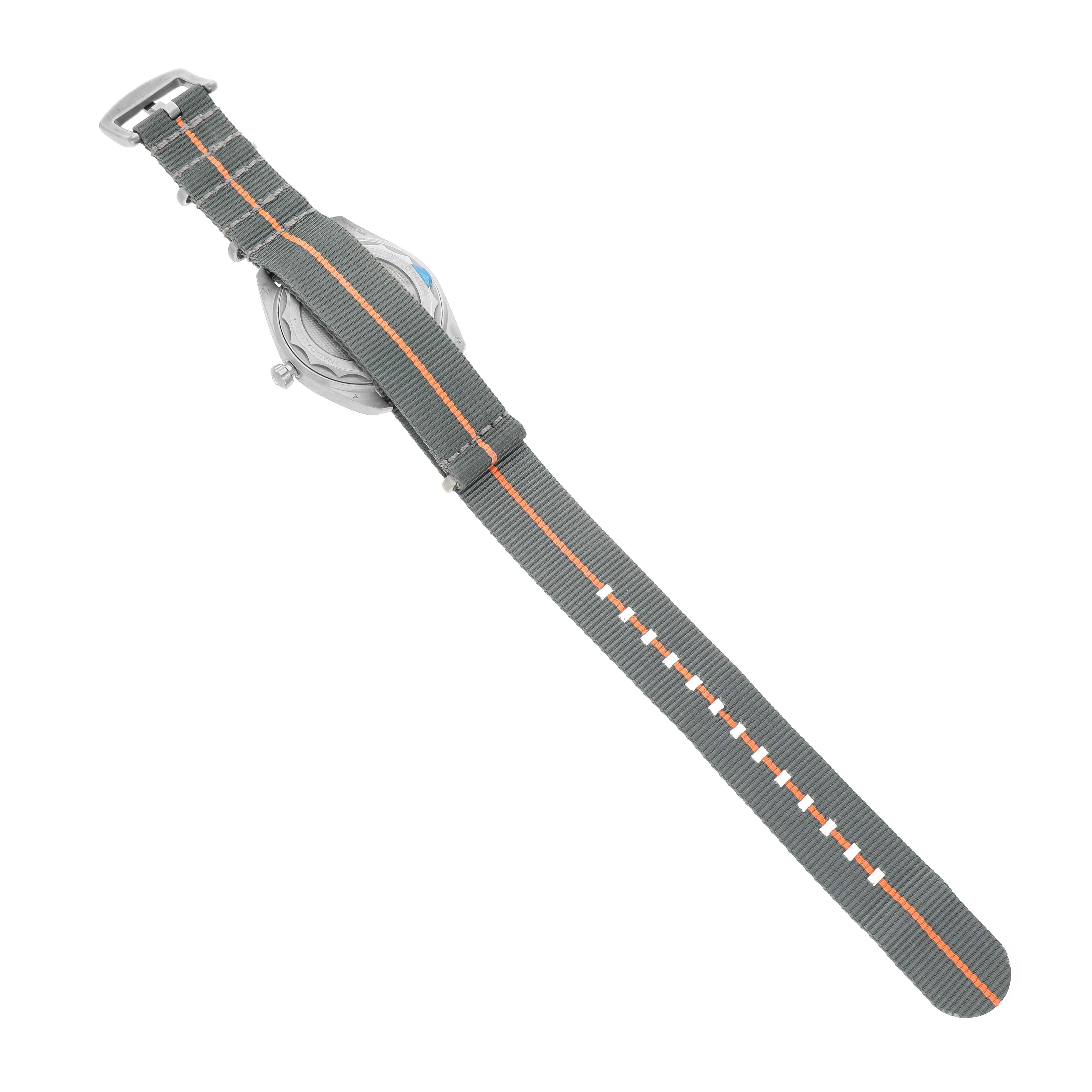 The Omega Seamaster 220.12.40.20.06.001 Men's Stainless Steel Grey Dial watch is shown from the side, highlighting the grey-orange NATO strap and partially visible case and crown.