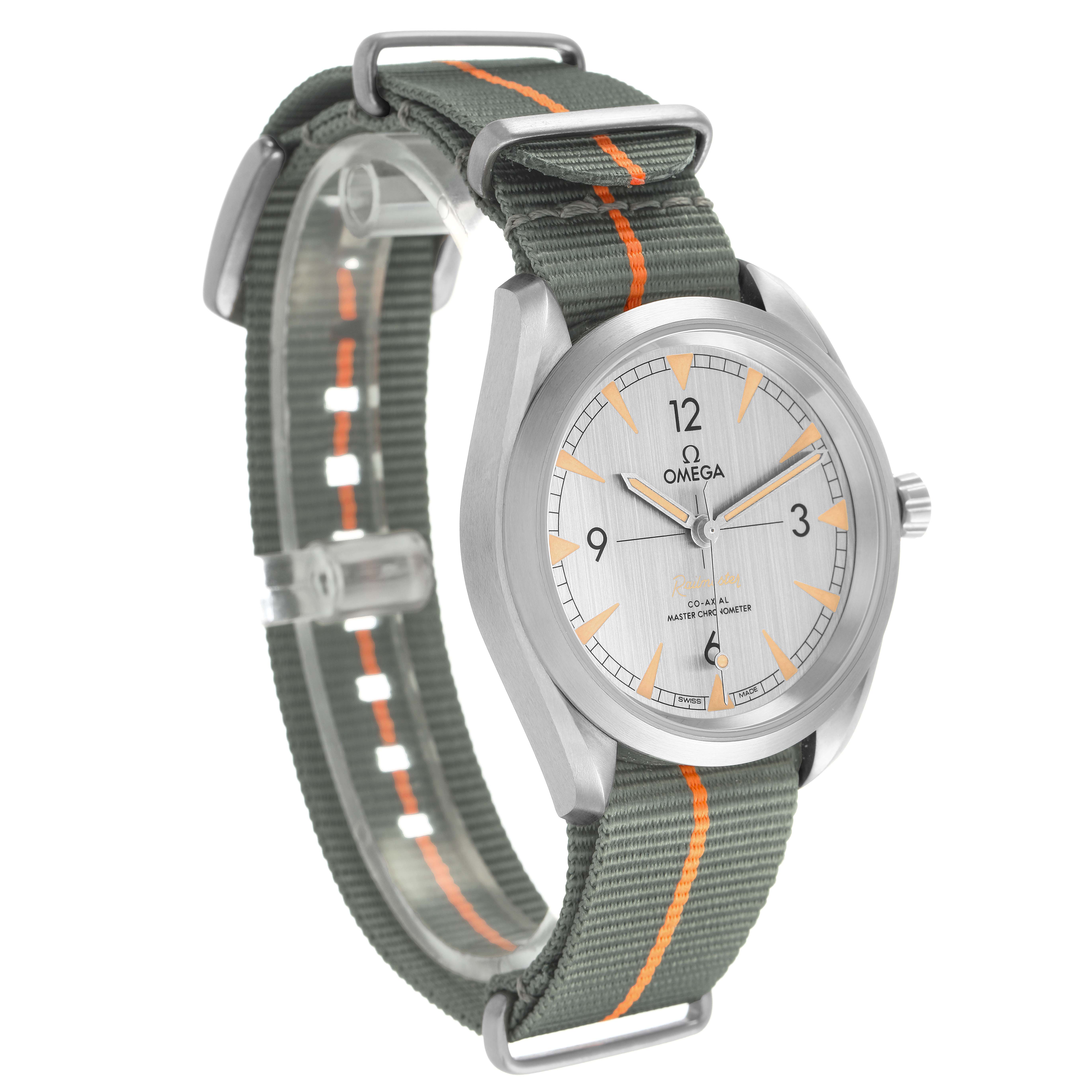 The Omega Seamaster 220.12.40.20.06.001 Men's Stainless Steel Grey Dial watch is shown at a slight angle, displaying the face, bezel, and fabric strap with orange accents.