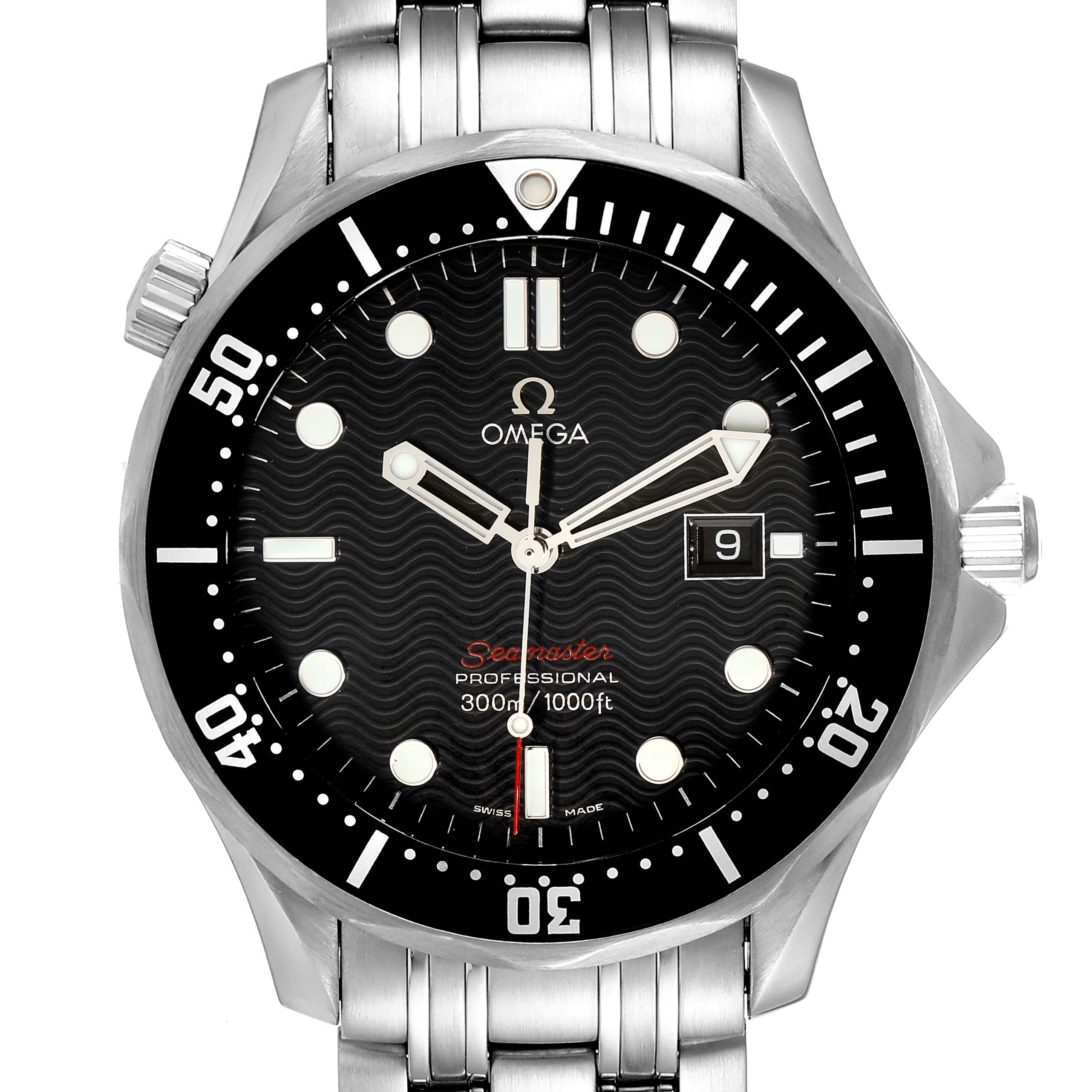 This image shows a frontal view of the Omega Seamaster 212.30.41.61.01.001 Men's Stainless Steel Black Dial 212.30.41.61.01.001 Men's Stainless Steel Black Dial watch, with a clear display of the dial, bezel, and part of the bracelet.
