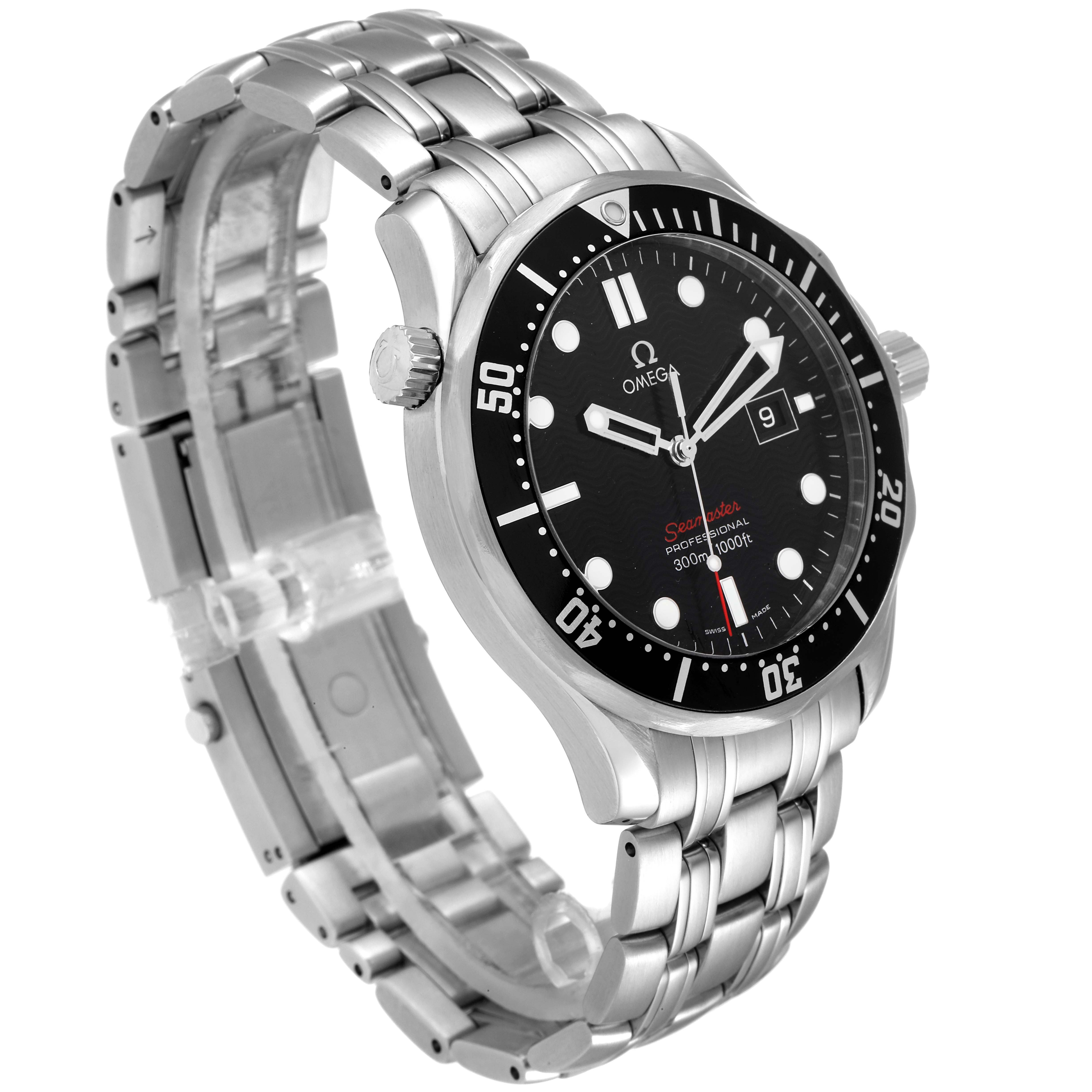 The image shows an Omega Seamaster 212.30.41.61.01.001 Men's Stainless Steel Black Dial 212.30.41.61.01.001 Men's Stainless Steel Black Dial watch from an oblique angle displaying the watch face, bezel, crown, and metal bracelet.