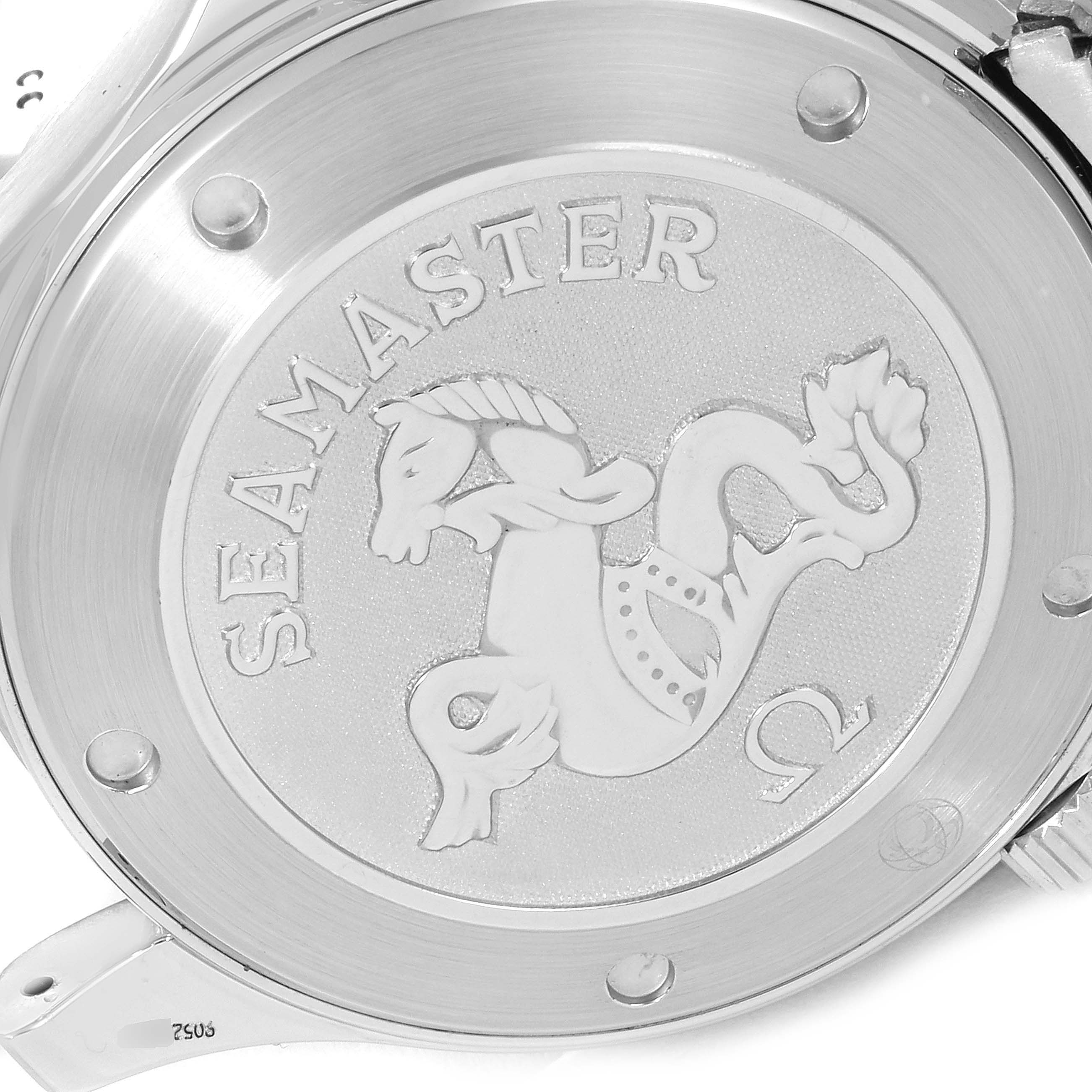 This image shows the back case of the Omega Seamaster 212.30.41.61.01.001 Men's Stainless Steel Black Dial 212.30.41.61.01.001 Men's Stainless Steel Black Dial watch, featuring its engraved logo and branding.