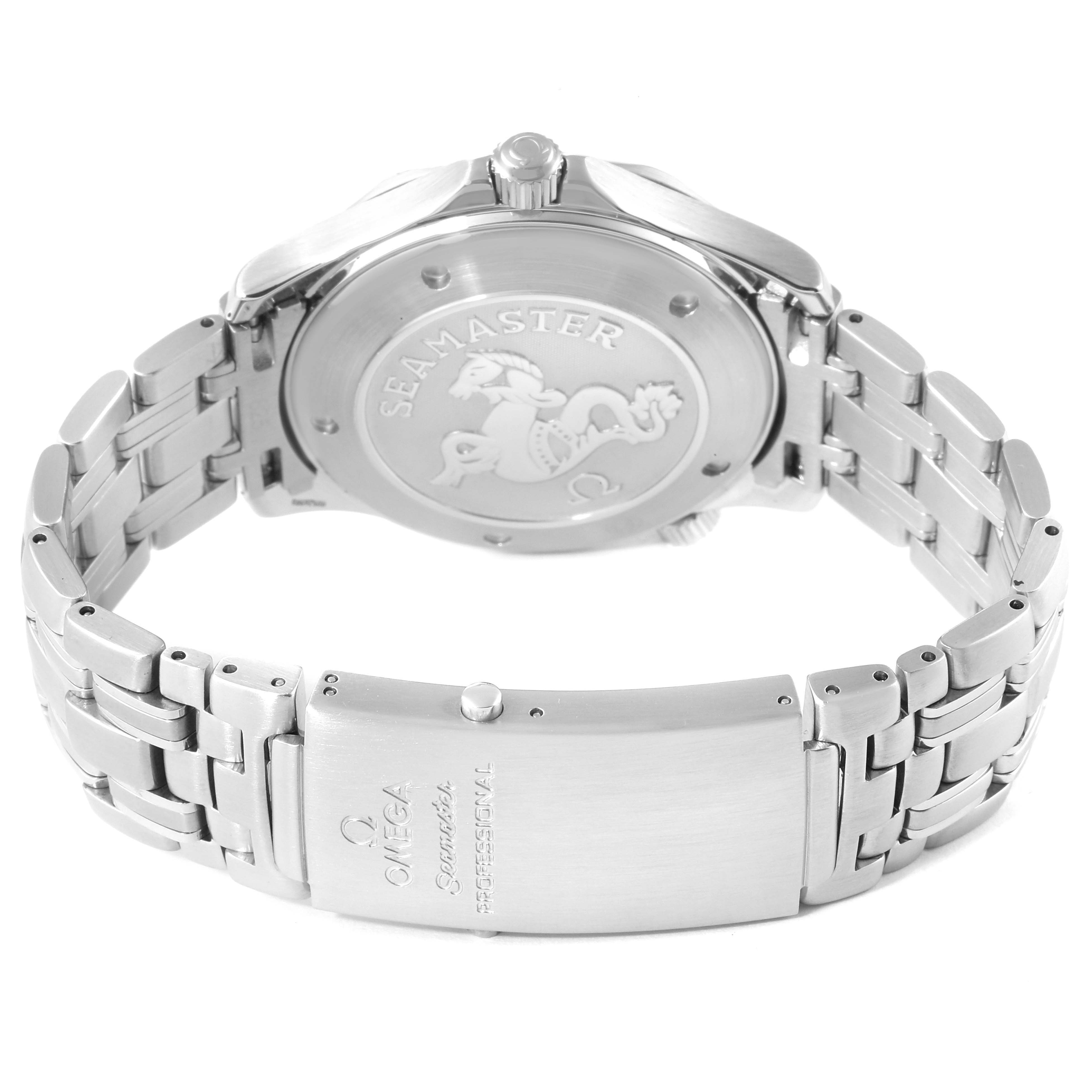 The image shows the back case and bracelet of the Omega Seamaster 212.30.41.61.01.001 Men's Stainless Steel Black Dial 212.30.41.61.01.001 Men's Stainless Steel Black Dial watch from a rear angle.