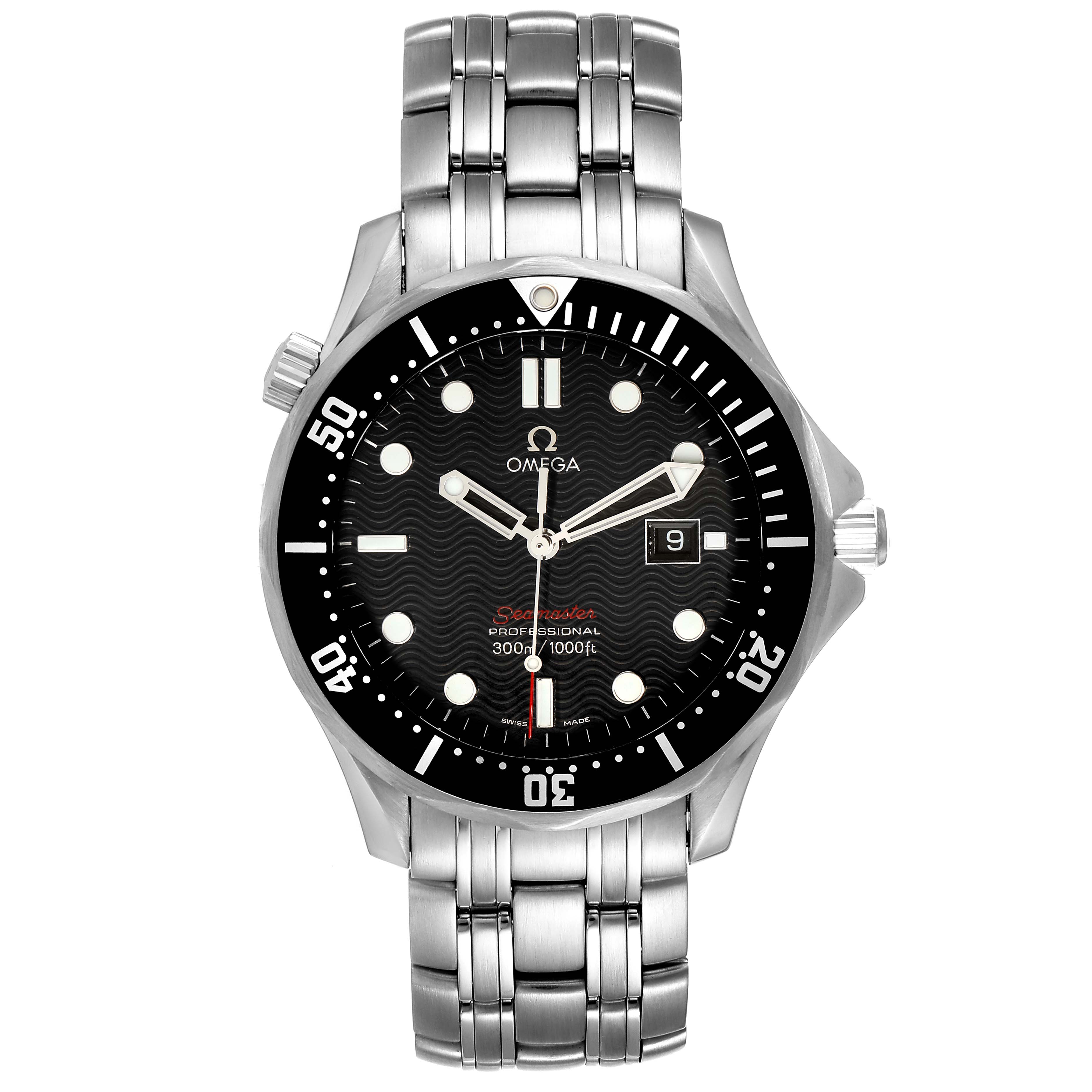 The image shows a front view of an Omega Seamaster 212.30.41.61.01.001 Men's Stainless Steel Black Dial 212.30.41.61.01.001 Men's Stainless Steel Black Dial watch, highlighting its black dial, bezel, date window, and metal bracelet.