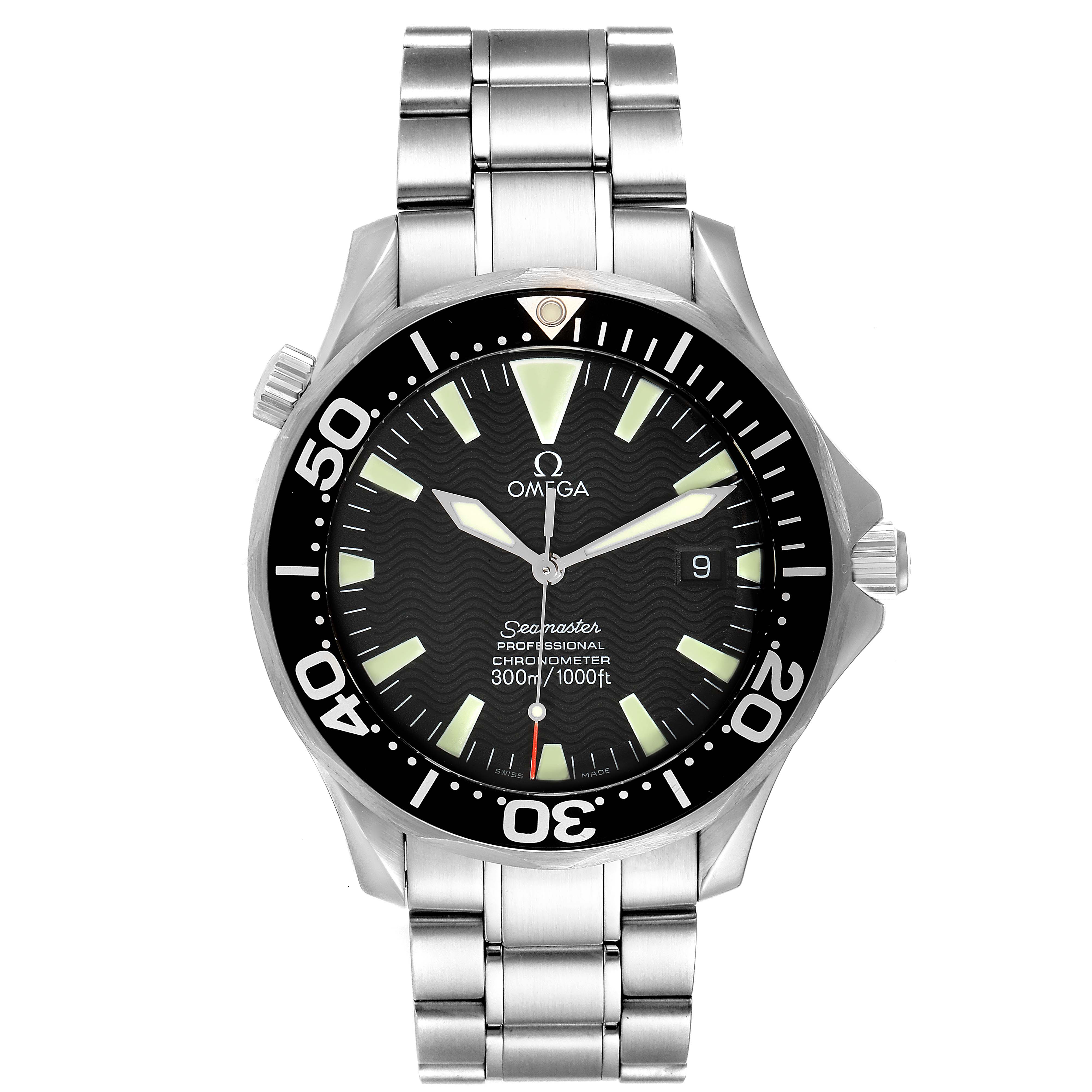 The image shows a front view of an Omega Seamaster 2254.50.00 Men's Stainless Steel Black Dial 2254.50.00 Men's Stainless Steel Black Dial watch, displaying its dial, bezel, and stainless steel bracelet.