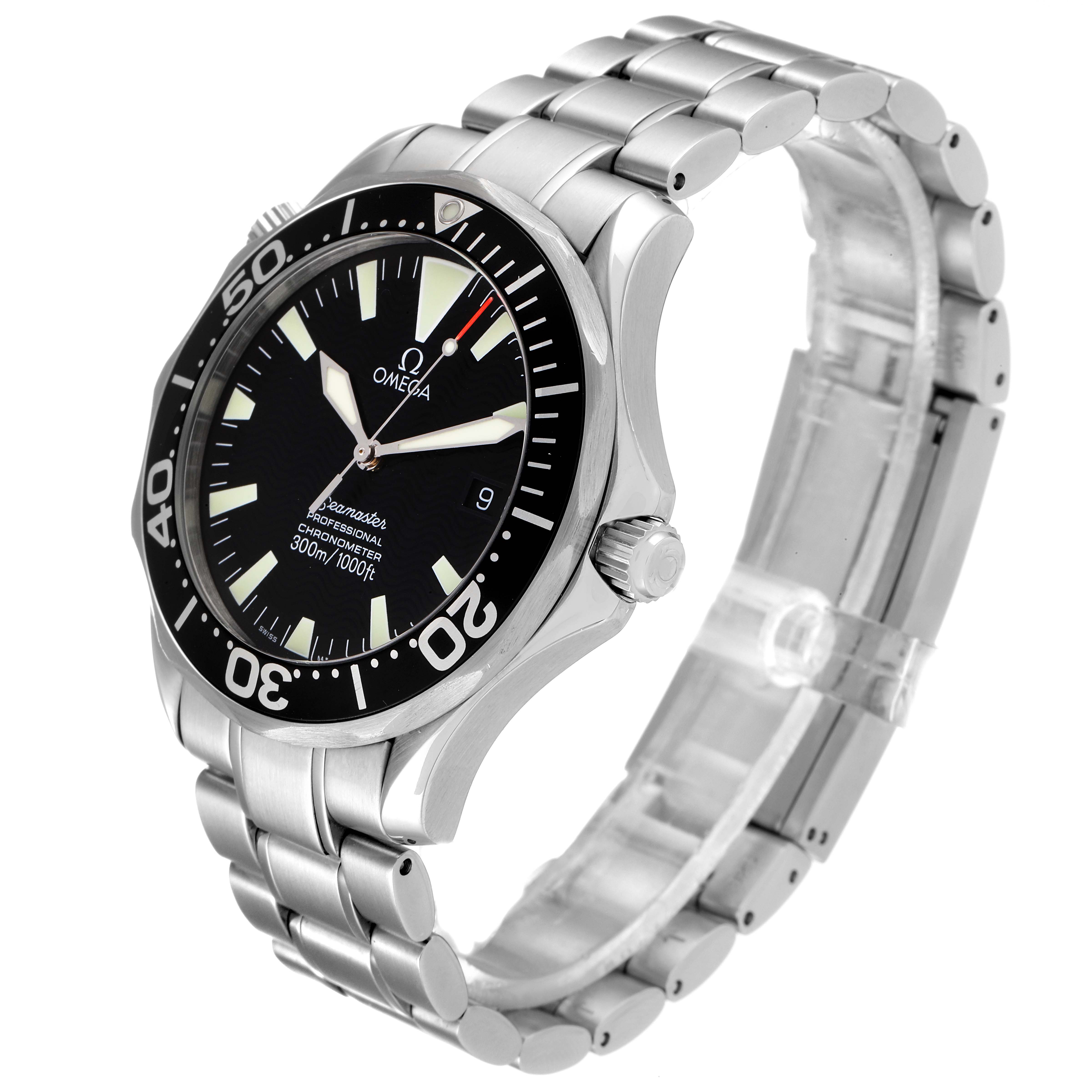 The image shows a side and slightly angled front view of an Omega Seamaster 2254.50.00 Men's Stainless Steel Black Dial 2254.50.00 Men's Stainless Steel Black Dial watch, highlighting the bezel, dial, and metal bracelet.
