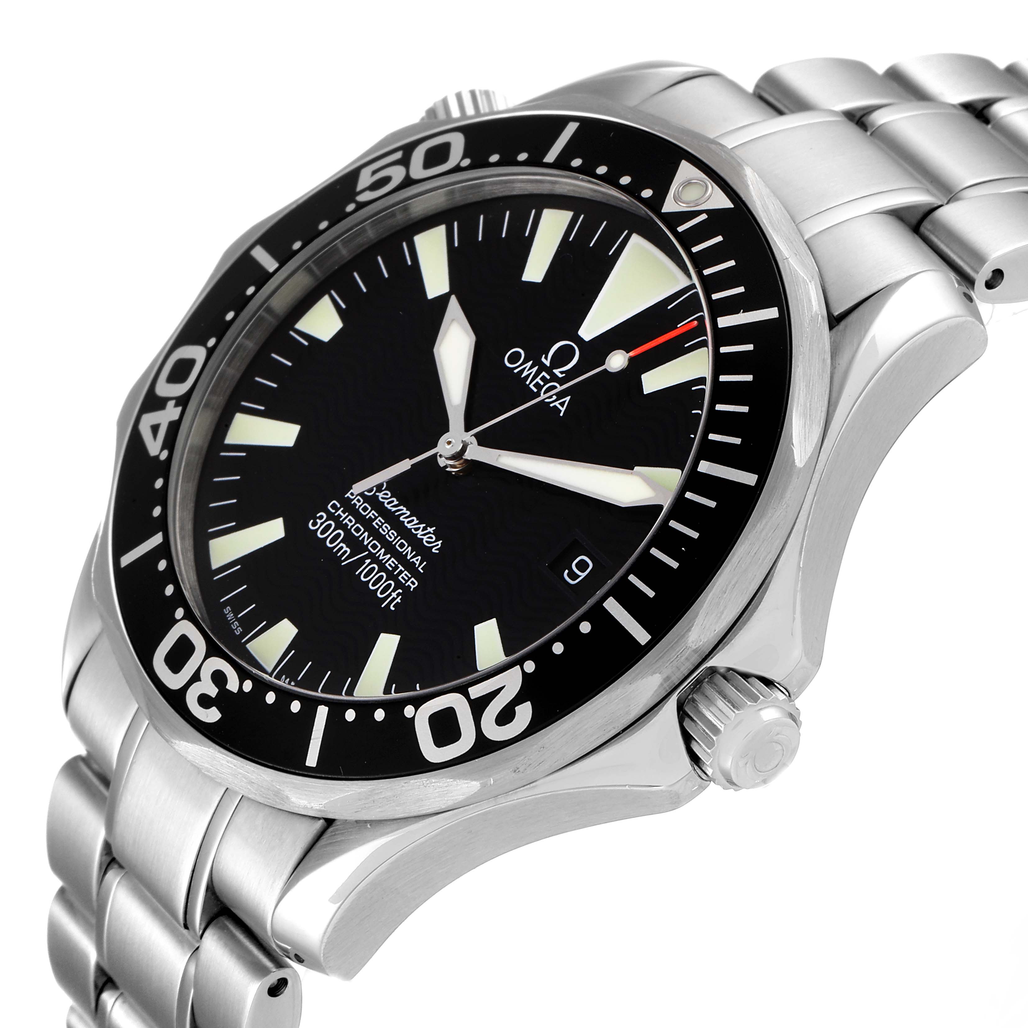 The Omega Seamaster 2254.50.00 Men's Stainless Steel Black Dial 2254.50.00 Men's Stainless Steel Black Dial watch is shown at an angled view, highlighting its bezel, dial, crown, and stainless steel bracelet.