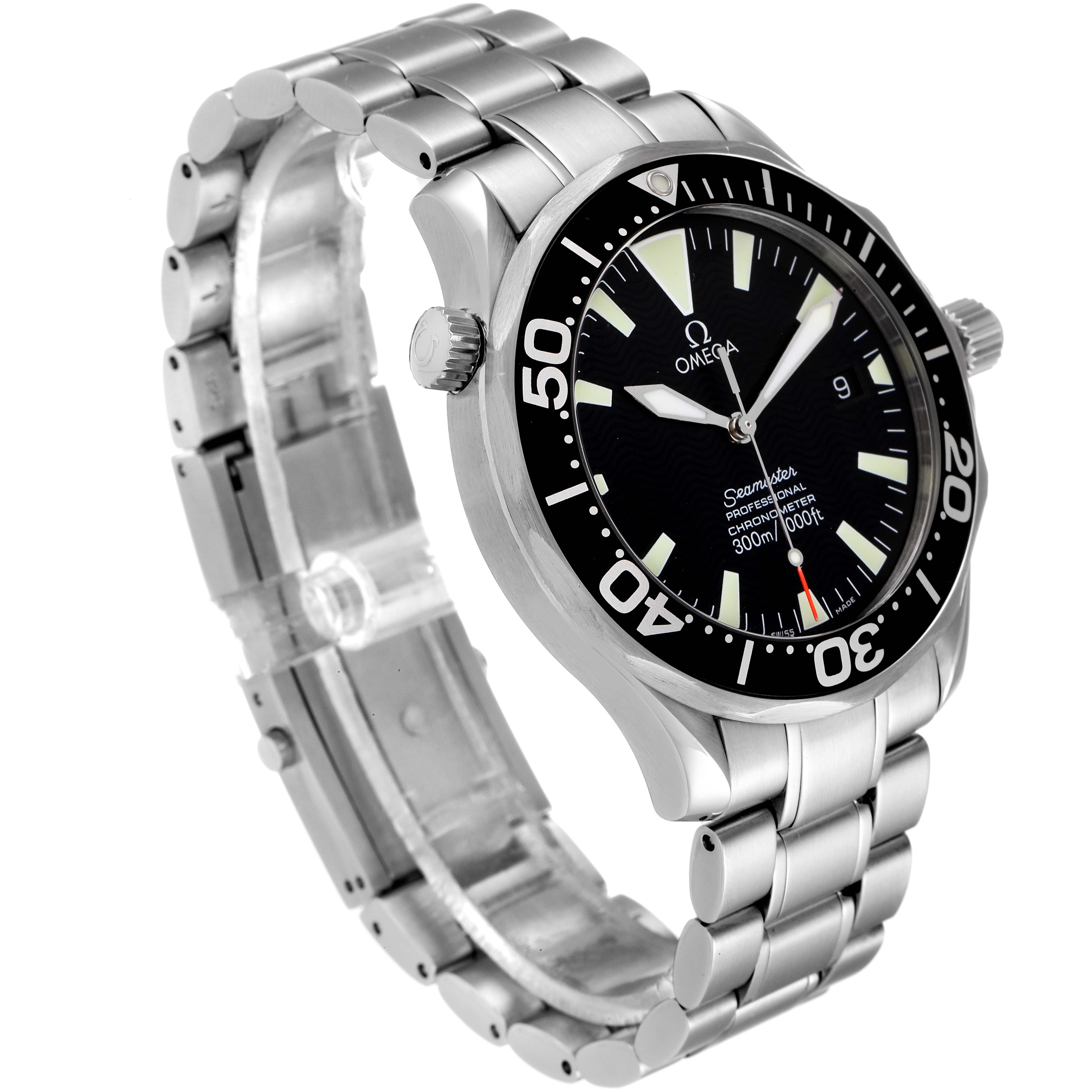 The Omega Seamaster 2254.50.00 Men's Stainless Steel Black Dial 2254.50.00 Men's Stainless Steel Black Dial watch is shown at a three-quarter angle, showcasing the dial, bezel, bracelet, and crown.