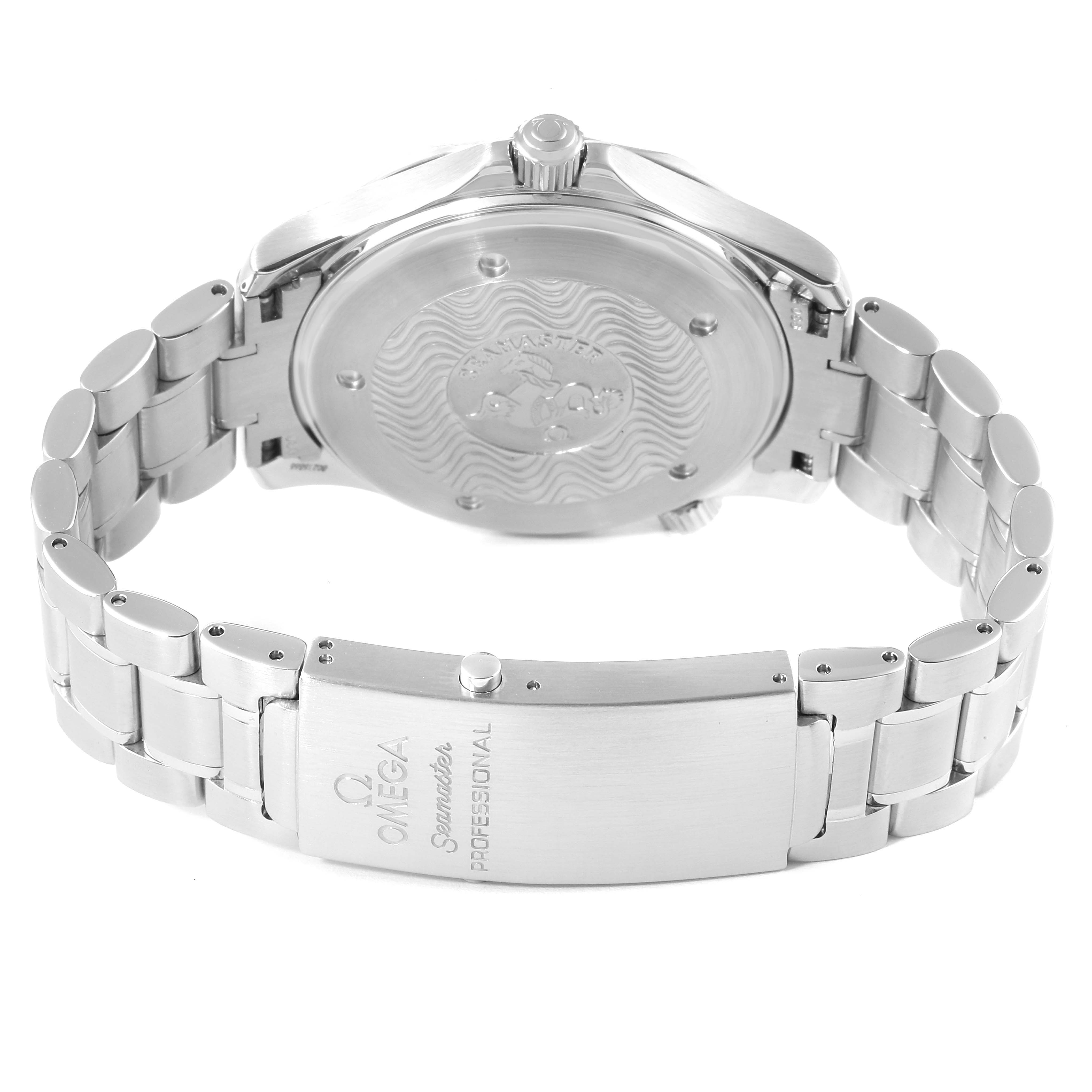 The image shows the back view of an Omega Seamaster 2254.50.00 Men's Stainless Steel Black Dial 2254.50.00 Men's Stainless Steel Black Dial watch, highlighting the clasp and case back.