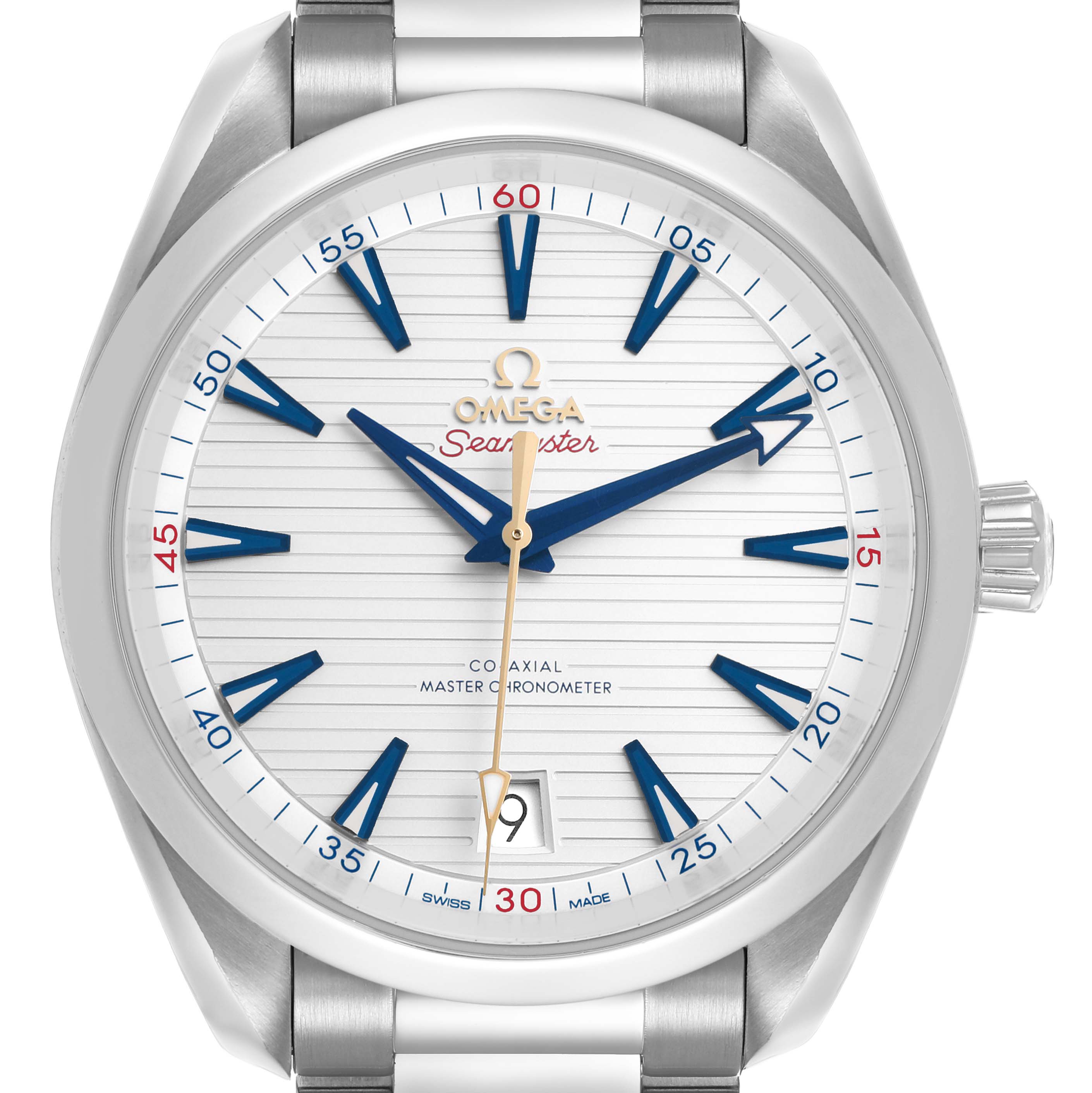 The Omega Seamaster 220.12.41.21.02.004 Men's Stainless Steel Silver Dial watch is shown from a direct front angle, highlighting the dial, hands, date window, and crown.