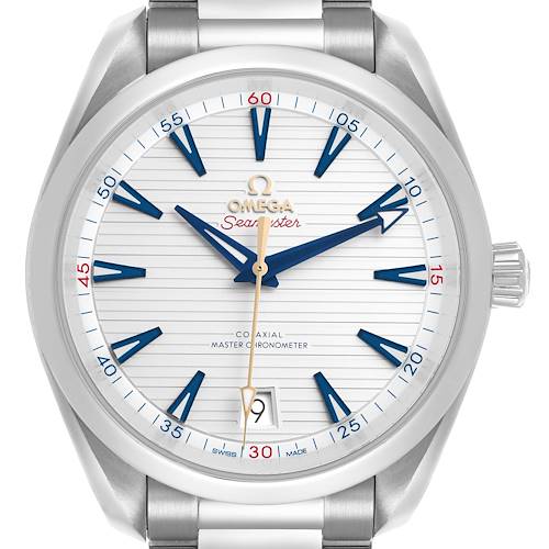 The Omega Seamaster 220.12.41.21.02.004 Men's Stainless Steel Silver Dial watch is shown from the front, highlighting the dial, hands, markers, and crown.