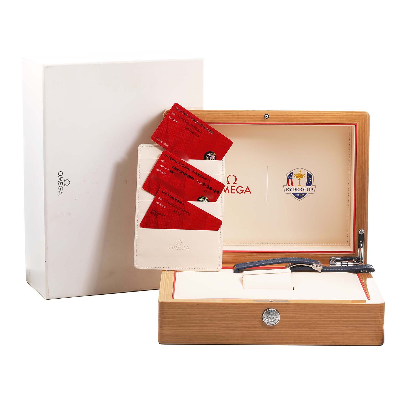 The image shows an Omega Seamaster 220.12.41.21.02.004 Men's Stainless Steel Silver Dial watch box set with authenticity cards, a storage box, and an outer box, all viewed from the front.