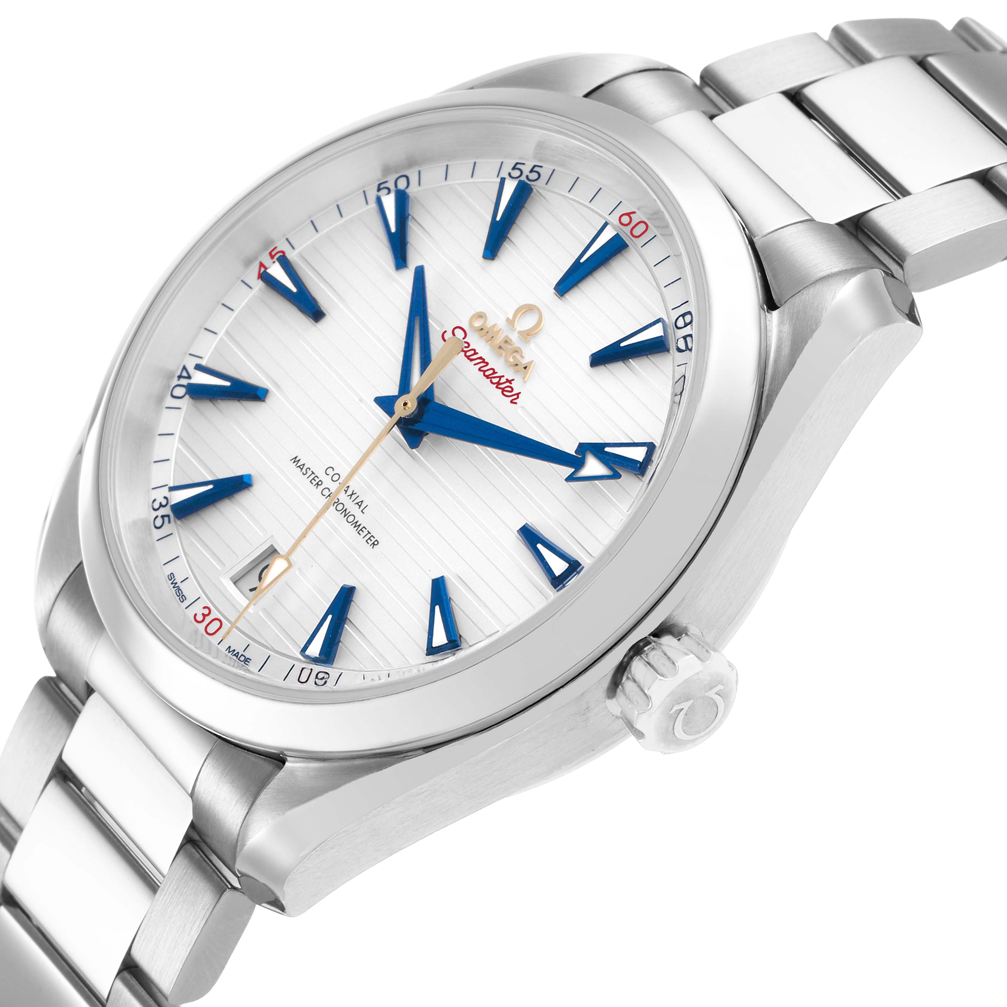 The Omega Seamaster 220.12.41.21.02.004 Men's Stainless Steel Silver Dial watch is shown at an angled view, highlighting the face, hands, crown, and part of the bracelet.