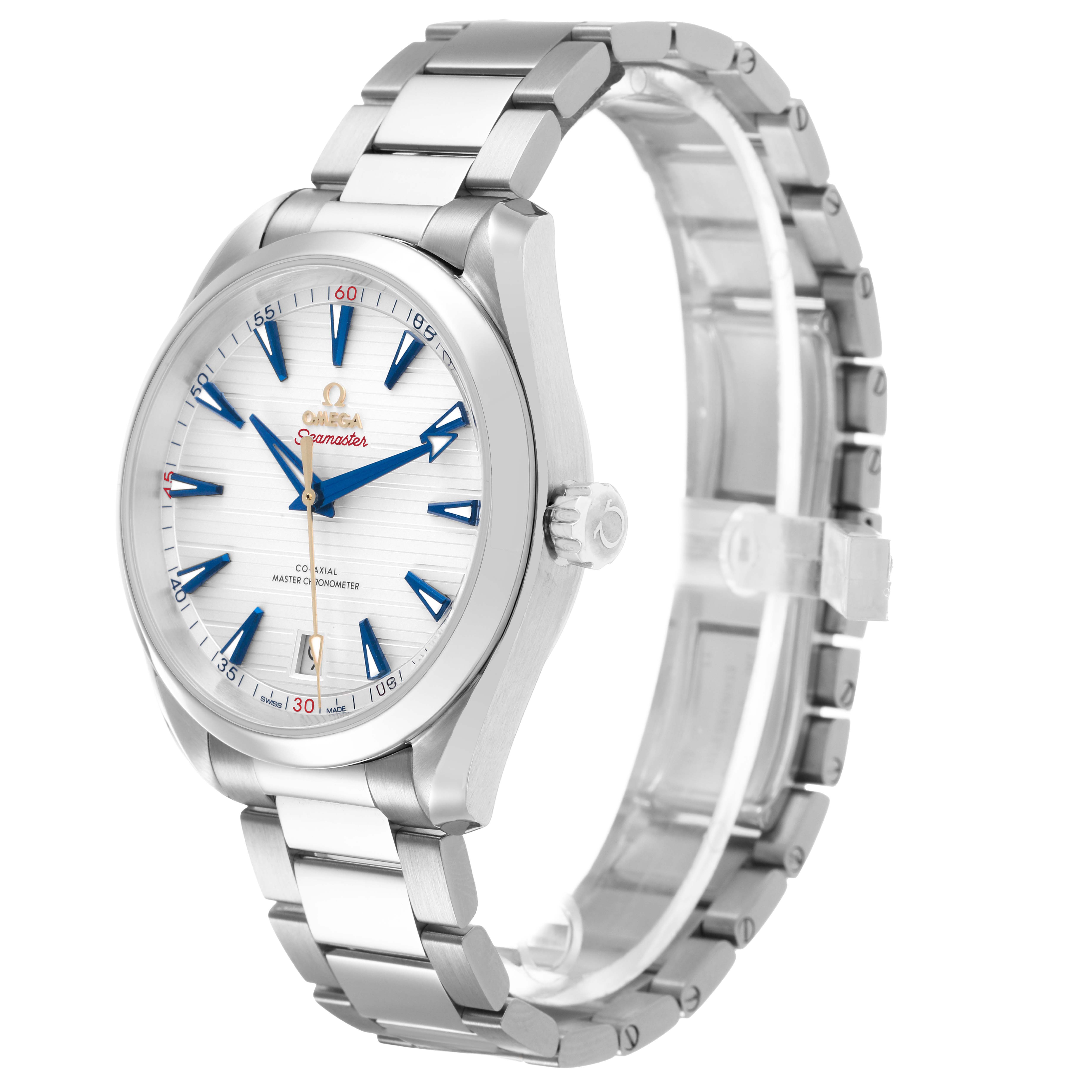 The Omega Seamaster 220.12.41.21.02.004 Men's Stainless Steel Silver Dial watch is shown at an oblique angle, highlighting the dial, crown, and metal bracelet.