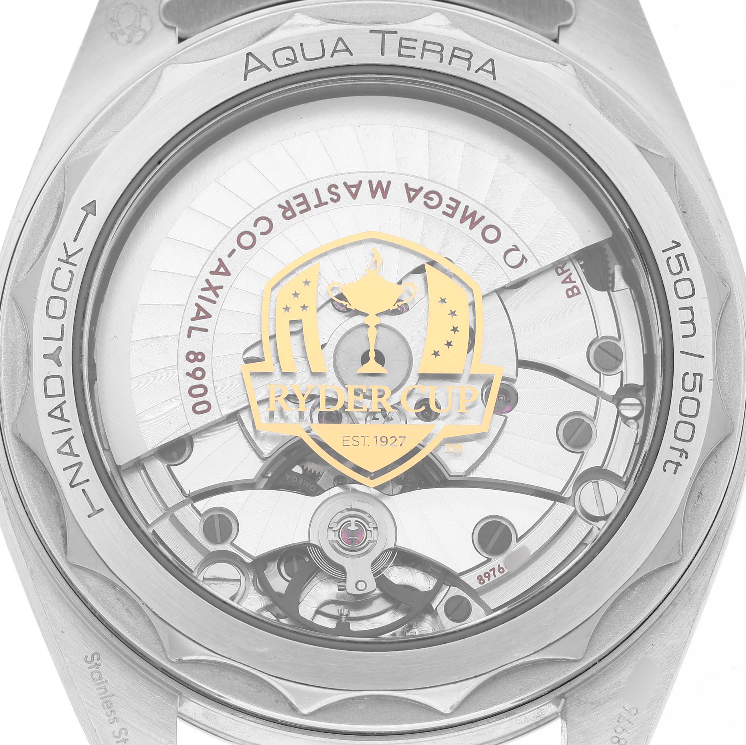 The image shows the back view of the Omega Seamaster 220.12.41.21.02.004 Men's Stainless Steel Silver Dial Aqua Terra, revealing the movement and rotor through a transparent case back.