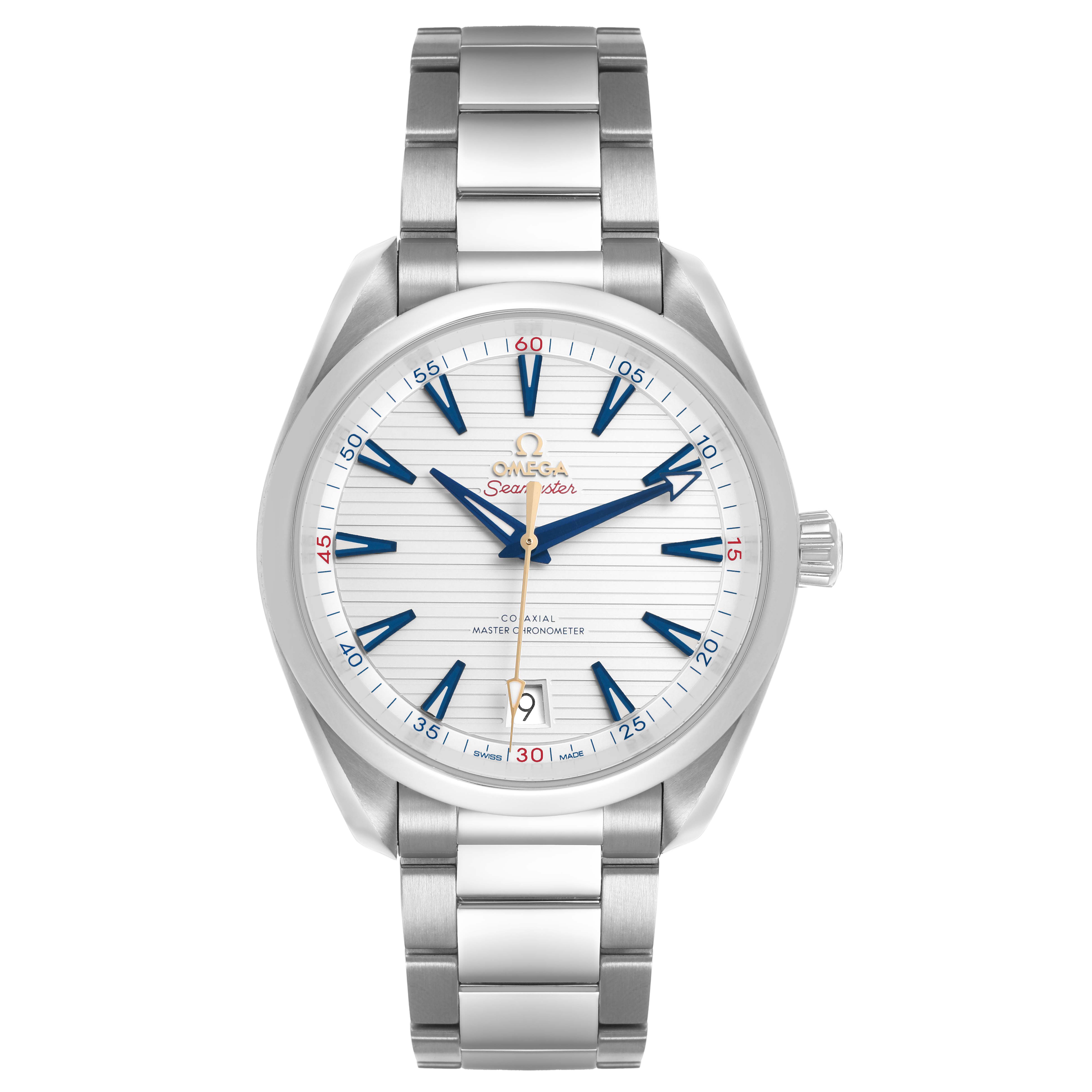 The Omega Seamaster 220.12.41.21.02.004 Men's Stainless Steel Silver Dial watch is shown from the front, displaying the dial, hands, bezel, and bracelet.
