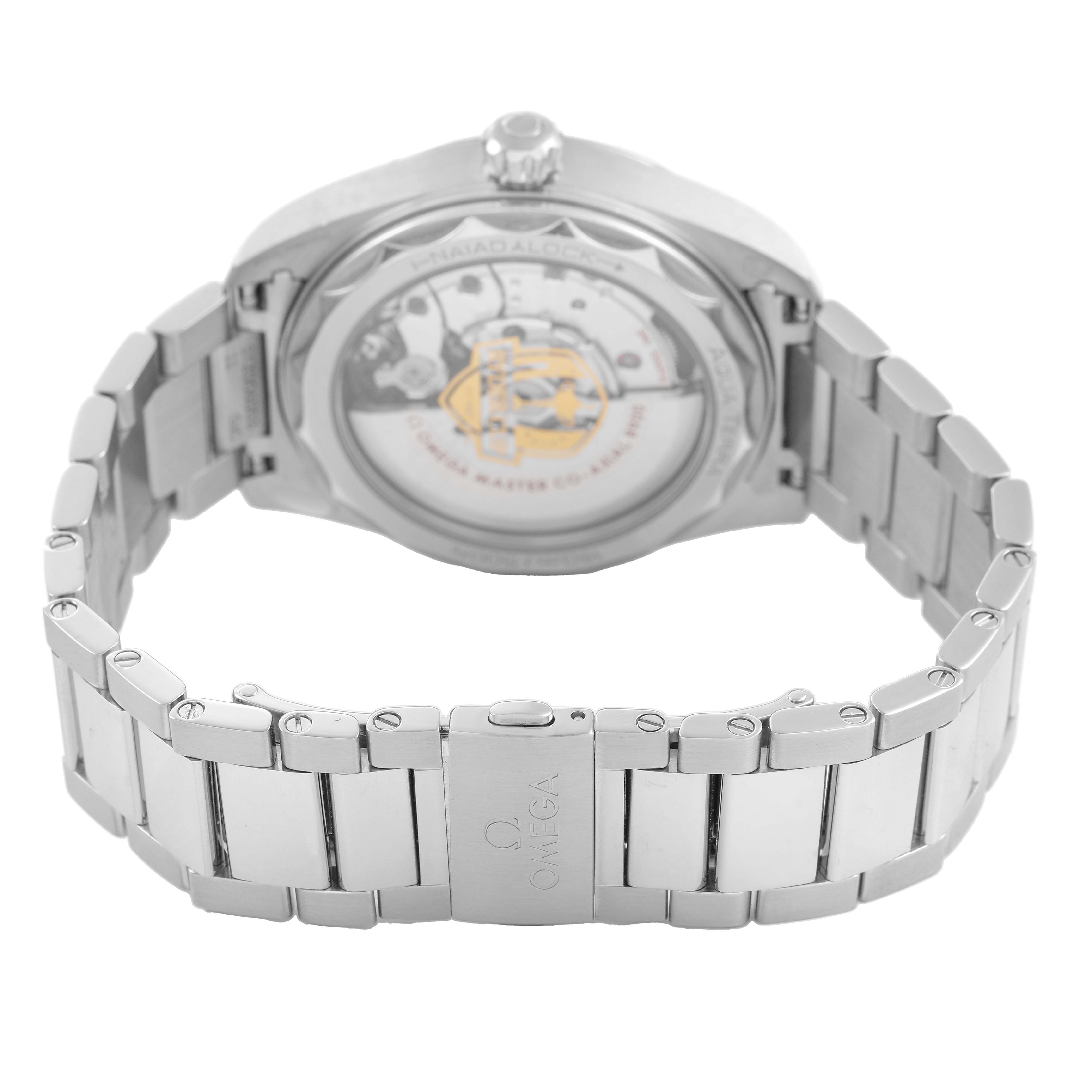 The image shows the Omega Seamaster 220.12.41.21.02.004 Men's Stainless Steel Silver Dial's bracelet and open case back, highlighting the watch movement and clasp.